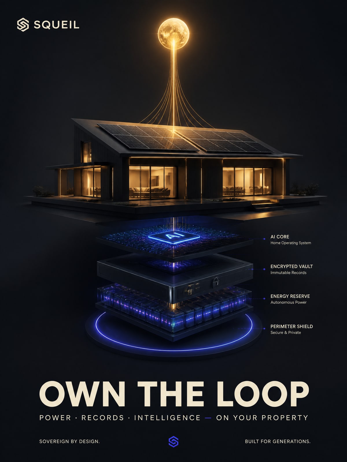 Own the loop: a modern solar home drawing power from the sun, above an exploded stack of four layers — an AI core running the home operating system, an encrypted vault of immutable records, an energy reserve for autonomous power, and a perimeter shield for privacy — all standing on your own property.