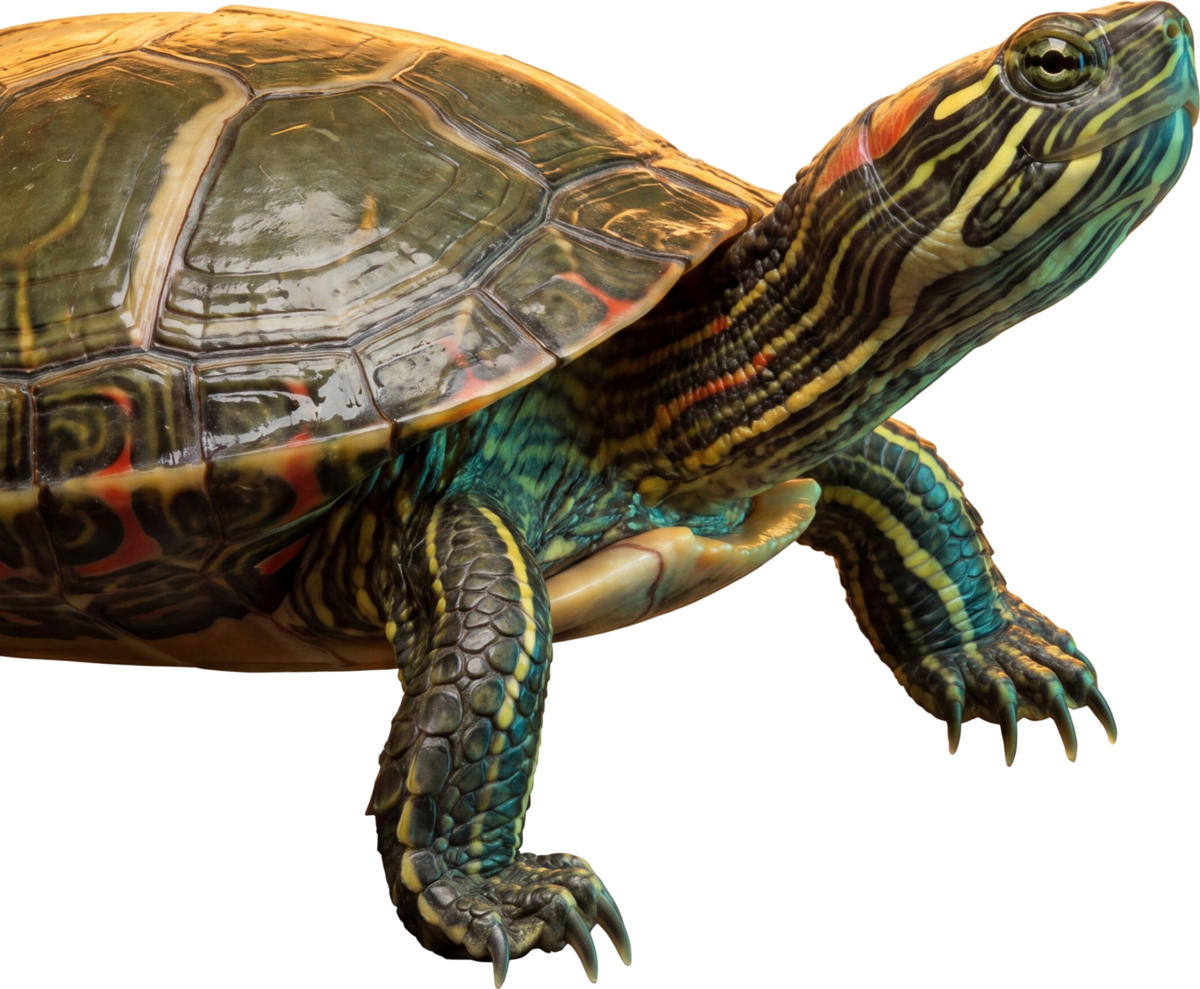 The painted turtle, sovereign and sure-footed, on transparent ground