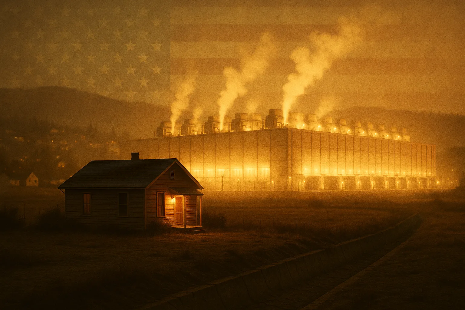 A vast windowless data-center campus glowing at dusk on the edge of a small Oregon river town, ranks of cooling units breathing vapor into the cold air, while in the near foreground one modest clapboard house shows a single warm porch light beside a dry, cracked irrigation channel.