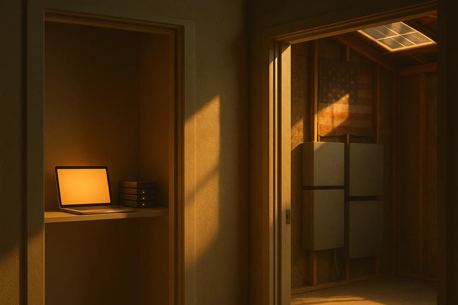 An ordinary home at golden hour seen through two open doorways: on the left a hallway closet with a shelf holding a small glowing computer and a compact stack of hard drives; on the right the garage, flat battery cabinets mounted against bare studs with sunlight falling in from a roof panel overhead.