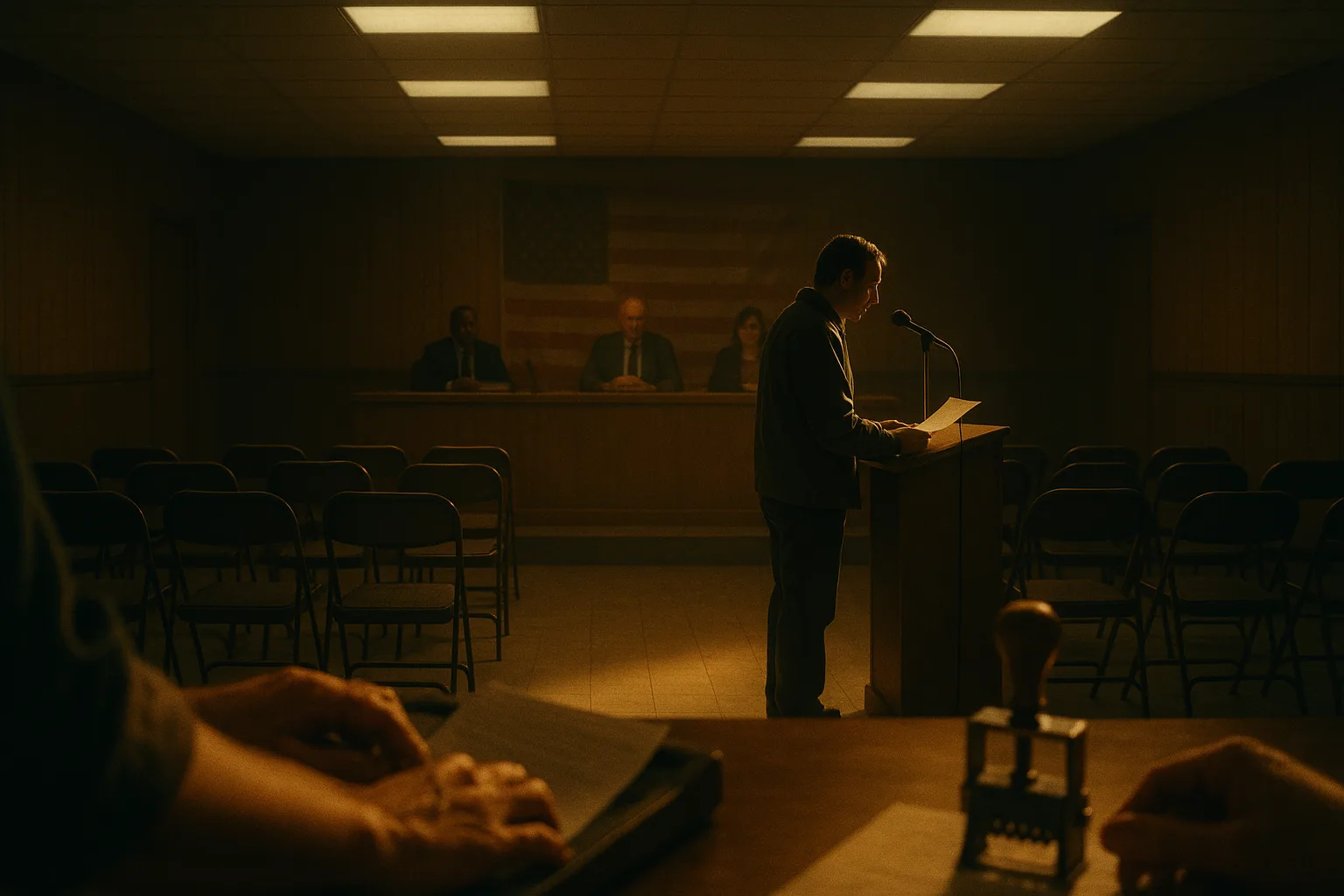 A nearly empty small-town council chamber of folding chairs and linoleum, a dais of seated officials, and one ordinary citizen standing alone at the public podium reading a single sheet of paper into the microphone while a clerk's date stamp catches the one warm shaft of light in the room.