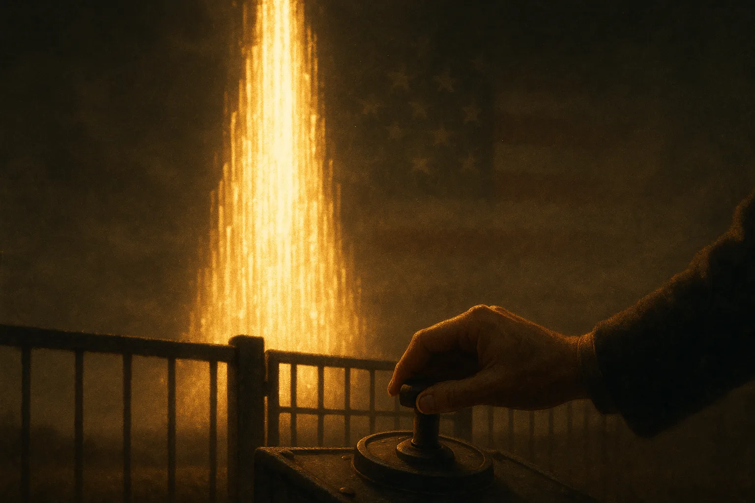 An immense tower of glowing raw AI capability rising into the dark, while in the calm foreground a single human hand rests on a governing control dial at a lit gate, deciding how much of that power passes through.