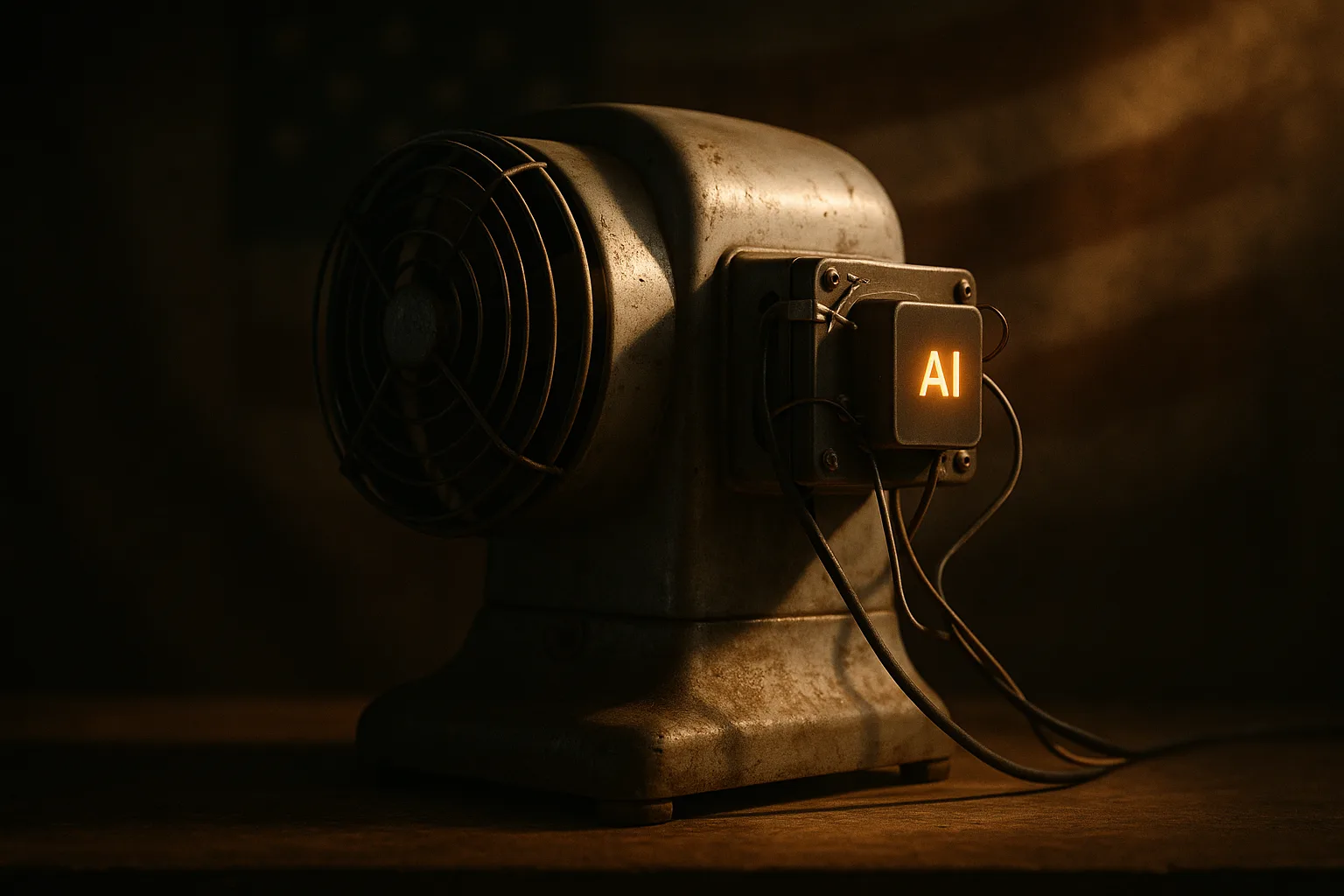 A solid, ordinary machine with a small glowing AI module crudely bolted and stapled onto its side — competent, useful, but plainly the old category with a model attached rather than something new.