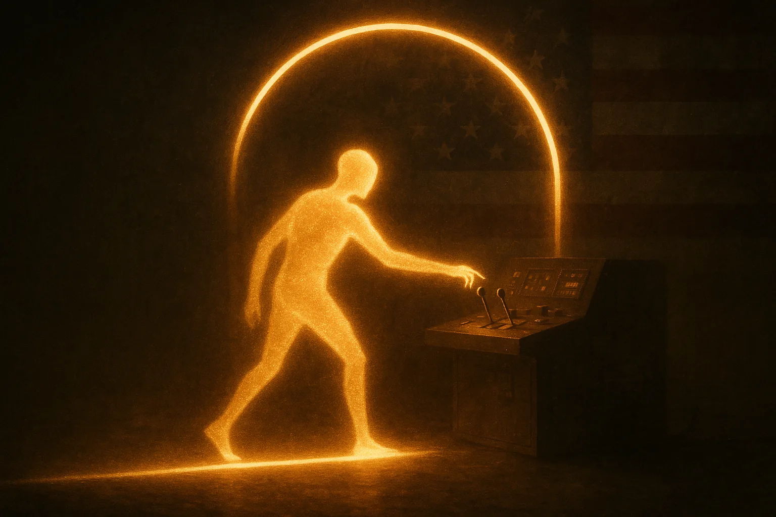 A luminous threshold line drawn across a dark floor as a figure of light steps across it toward levers that merge code and move money, a glowing control-plane frame arching around the gate — the moment an AI stops suggesting and starts acting.