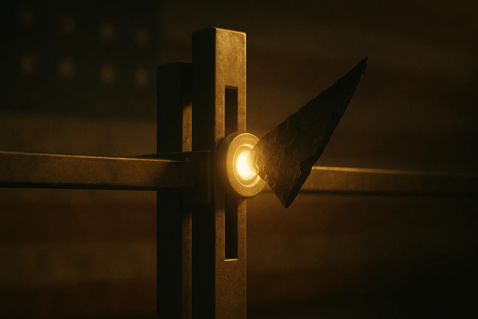 A bright guardian gate mechanism catching and refusing a single dark shard as it tries to slip past — the safeguard proven not by looking correct but by being watched as it blocks the exact thing it exists to stop.