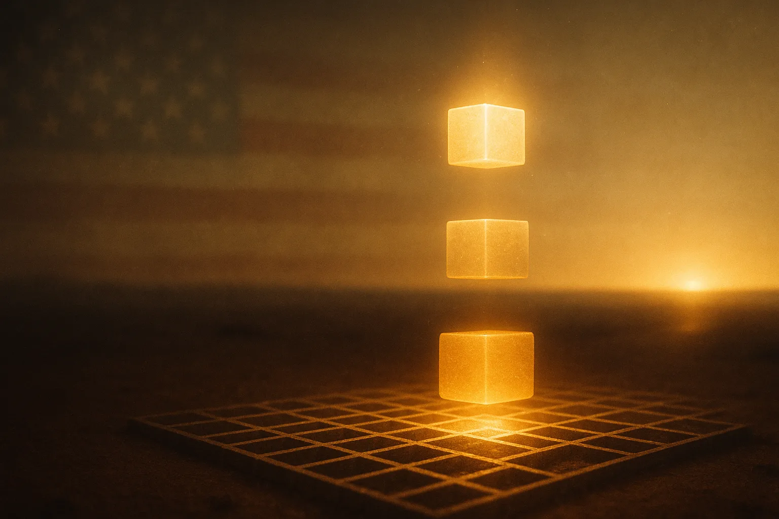 A strong glowing foundational lattice laid down first, with fresh increments of capability-light docking safely into it, a sovereign owned stack beneath a wide lit horizon — governance built as the foundation rather than bolted on later.