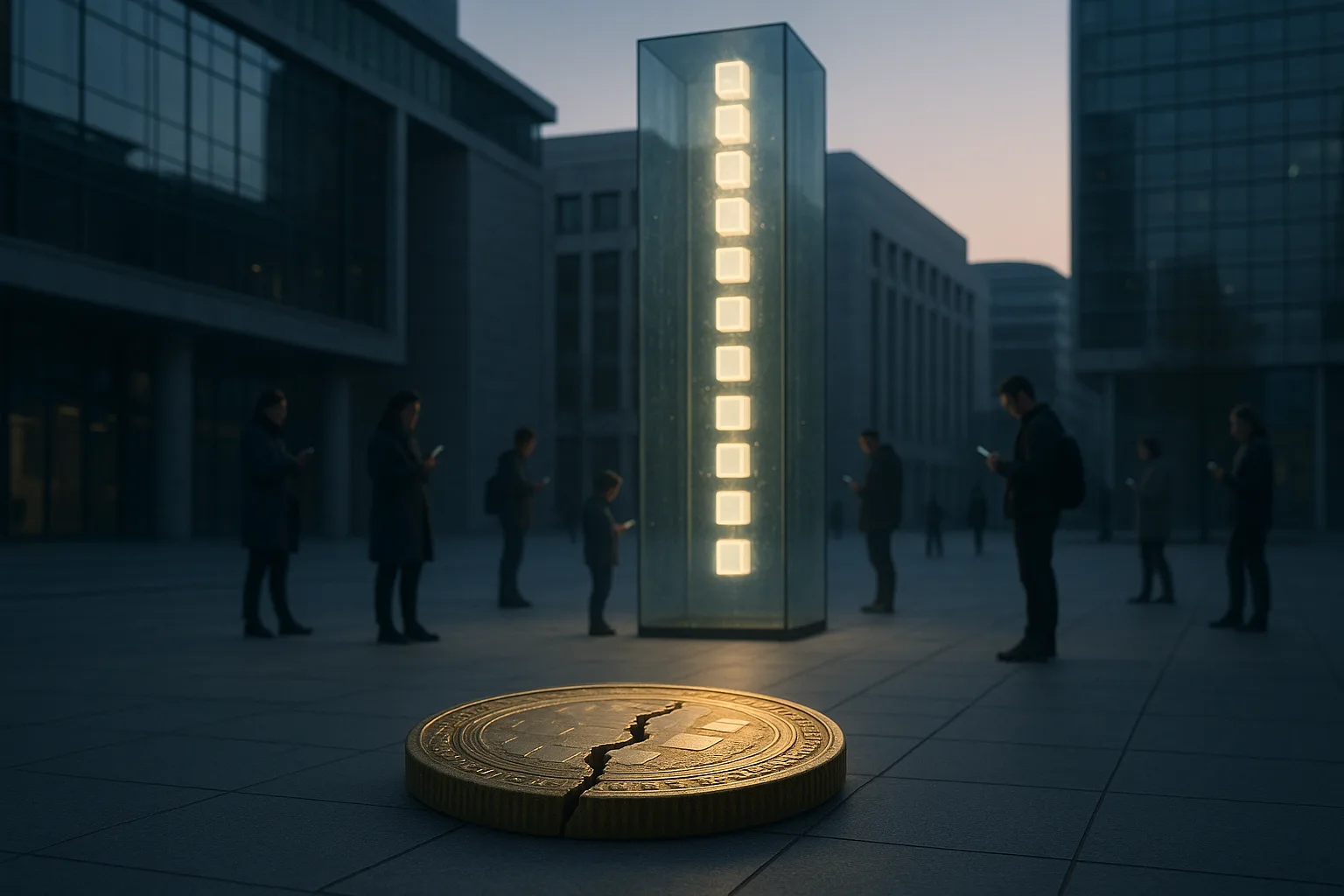 A cracked gold coin lying on the pavement of a modern civic plaza at dawn, while beyond it a tall glass monolith holds a glowing chain of record blocks that ordinary people read freely on their phones.