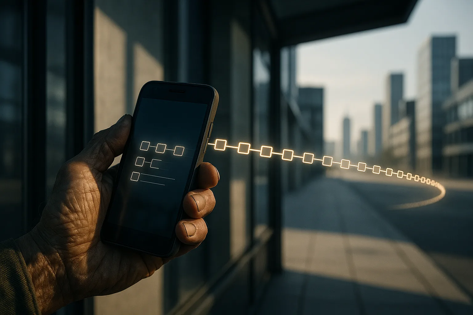 A weathered hand holding an inexpensive smartphone in a sunlit bus shelter, a thin unbroken ribbon of linked glowing blocks stretching from the screen toward a distant skyline.
