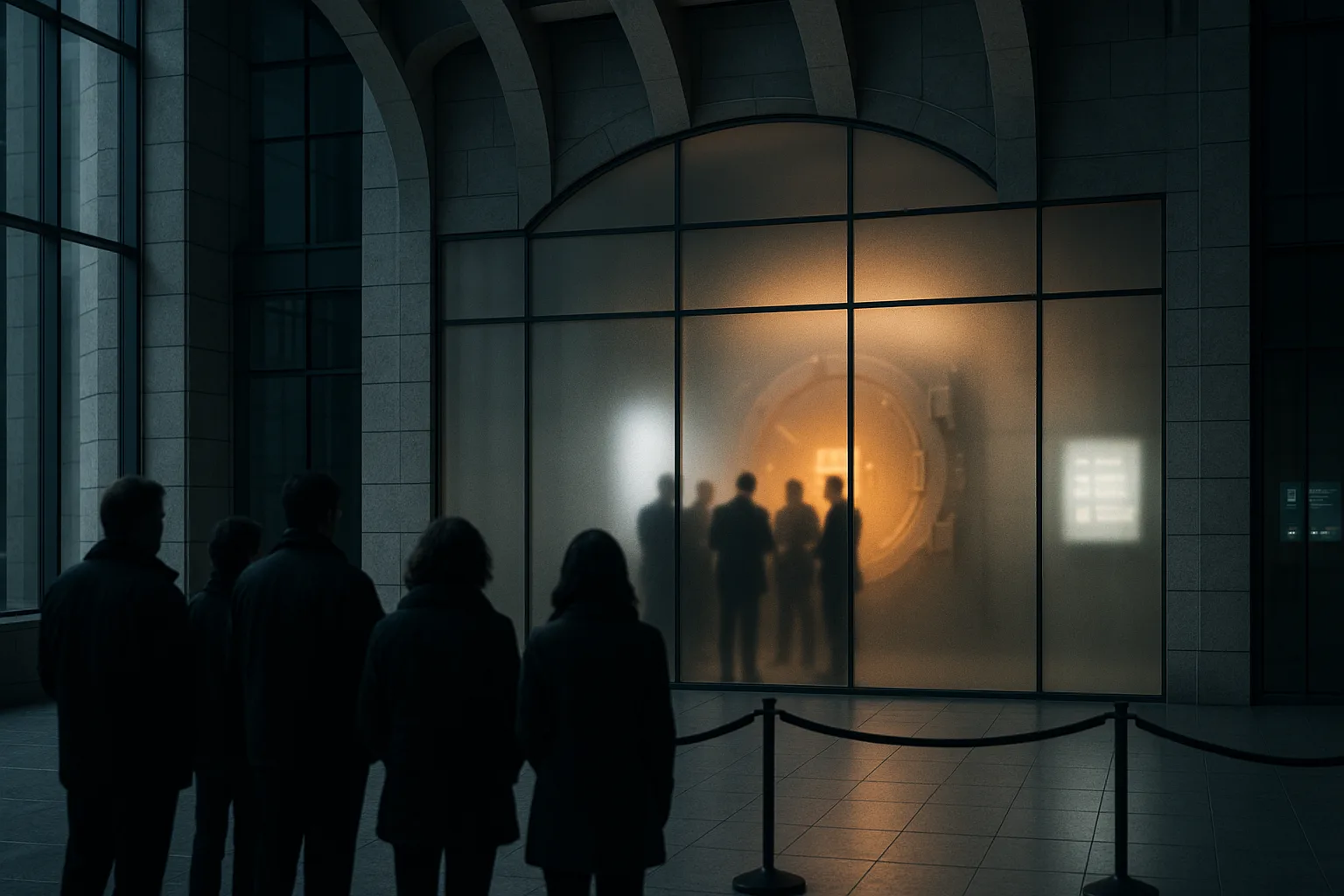 A monumental stone-and-glass government atrium where blurred silhouettes gather around an amber-lit private vault behind frosted glass, while the public waits behind a velvet rope in cold grey light beneath arching structural ribs.