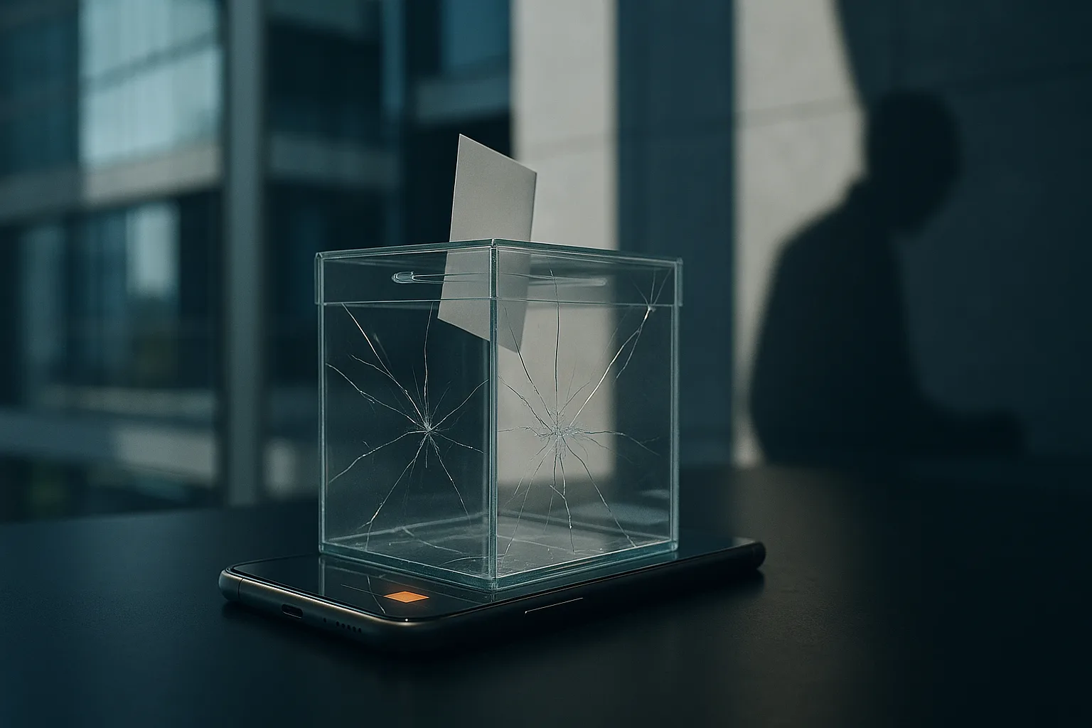 A delicate clear-glass ballot box resting on a smartphone on a dark table, fine hairline fractures running through the glass while another person's shadow leans in over the scene.