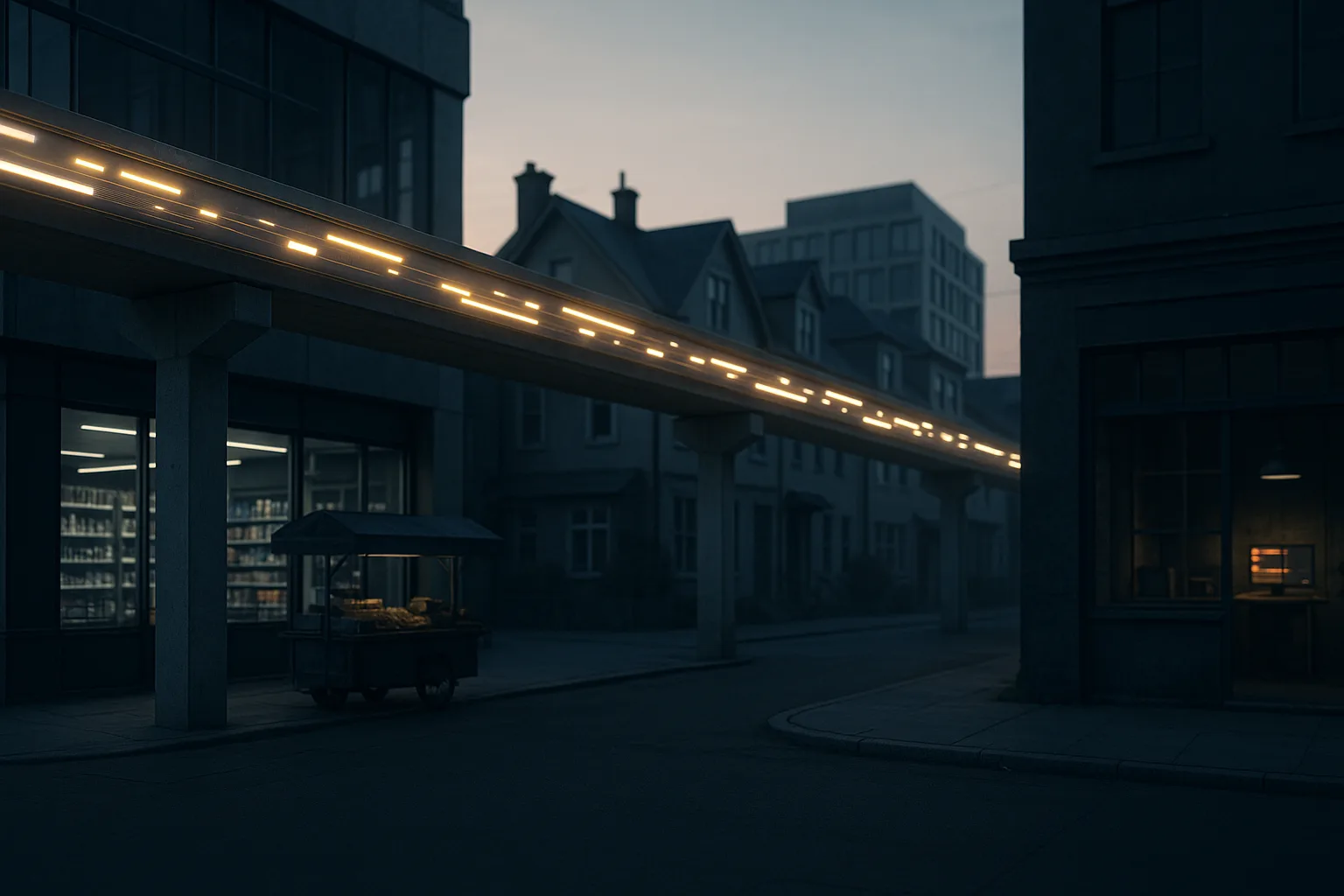 An elevated minimalist rail of flowing light running through a quiet mixed neighborhood at dusk, bright pulses of value travelling along it past a corner grocery, a food cart, homes, and a lit workshop, with no toll booth or gate anywhere on the line.