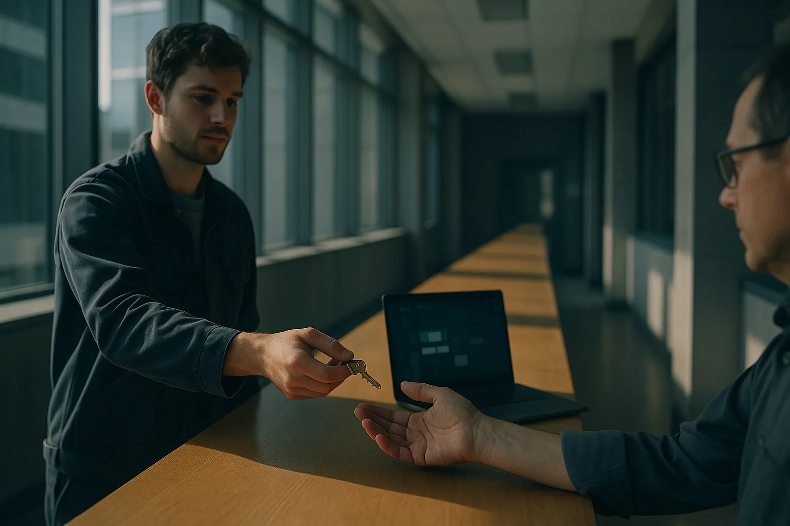 In a modest county records office lit by tall afternoon windows, a young technician slides a single brass key across a wooden counter to a clerk reaching to take it, a laptop glowing between them.
