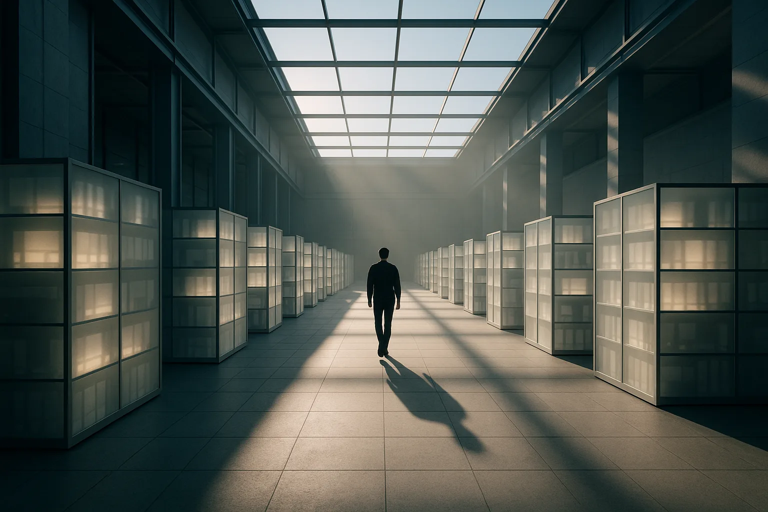 Daylight pouring through a glass roof into a vast open archive hall, rows of translucent record shelves glowing as a single person walks down the central aisle into the light.