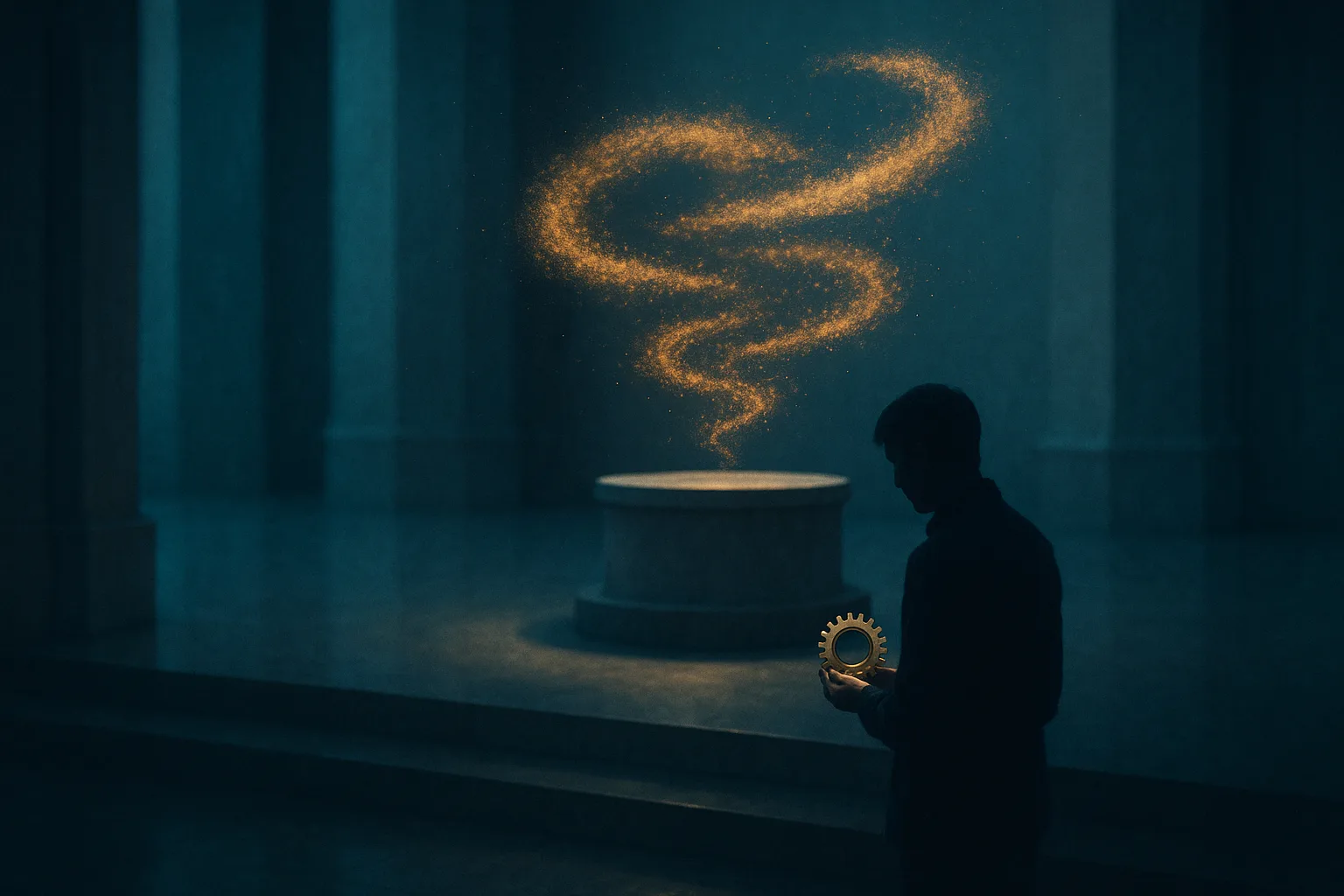 A swirling golden cloud of weightless buzzword-dust orbiting an empty pedestal in a bright hall, while one quiet figure stands a layer below in shadow, calmly holding the single true load-bearing brass gear the cloud is only pretending to be.