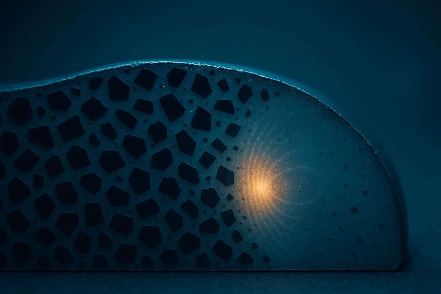 A microscopic cross-section of a ballistic armor plate: dark graphene platelets dispersing evenly into a translucent polymer matrix, a stress wave spreading and being absorbed cleanly across the composite.