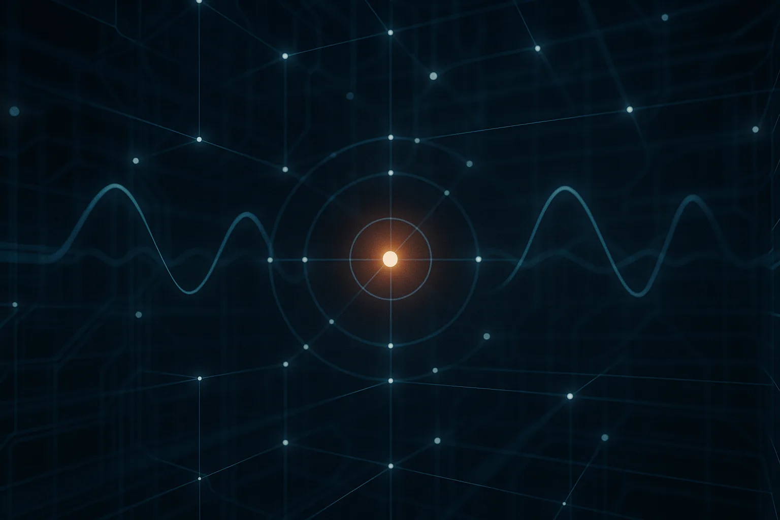 The interior of a translucent neural network where points of light are arranged around a perfect circle and rotated like clock hands, sine waves rippling outward — a machine rediscovering the Fourier wave.
