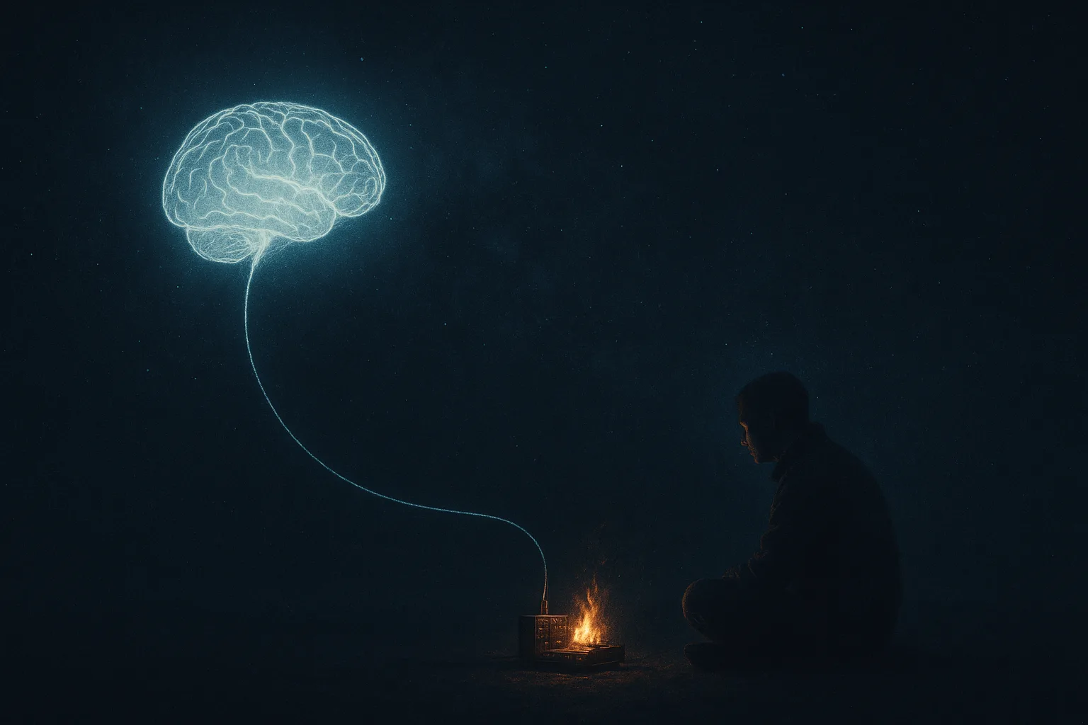 A luminous human mind rendered as light in a vast dark cosmos, tethered by a single glowing filament to a small physical hearth of circuitry and warm fire beside a lone figure.