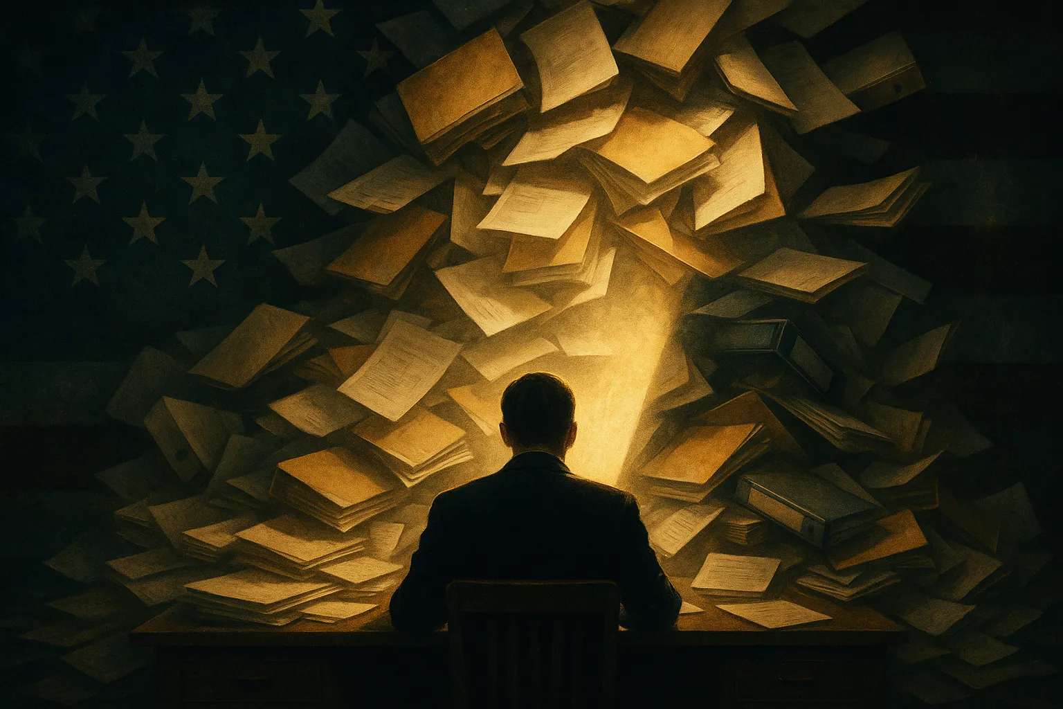 A lone figure seen from behind at a desk, dwarfed by an avalanche of forms, folders, and binders cascading down around them, a faint American flag in the shadows behind — the crushing weight of bureaucratic paperwork.