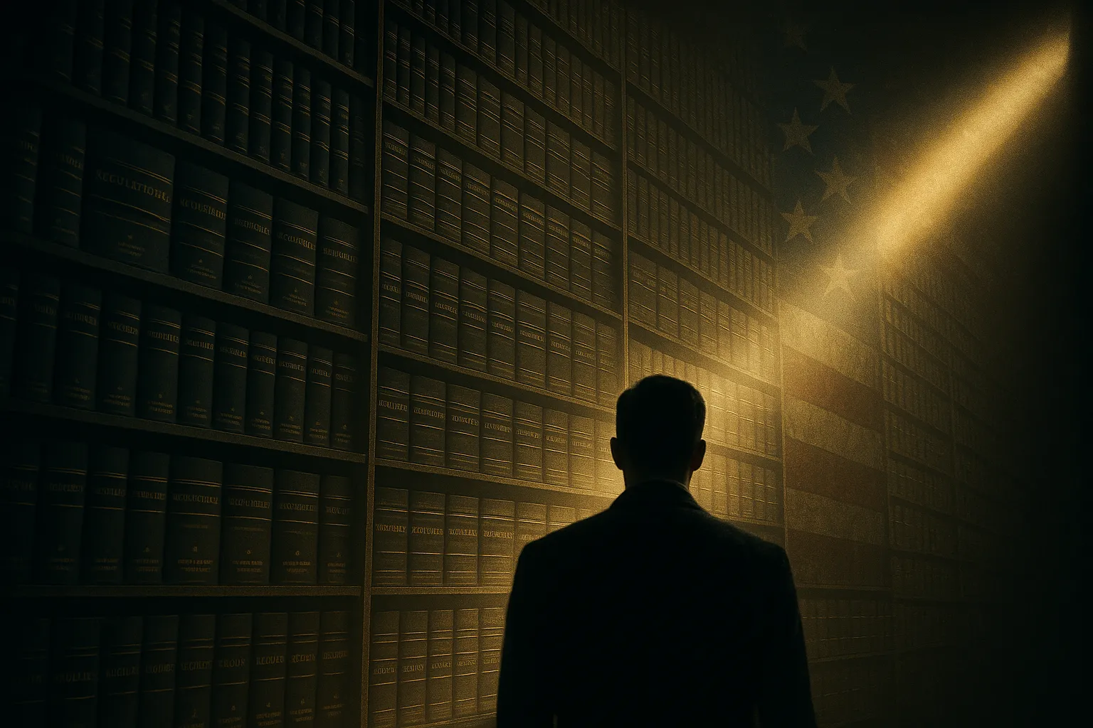 A small figure standing before a towering wall of identical bound regulation volumes that recede into darkness, a single slanting shaft of gold light falling across the endless shelves.
