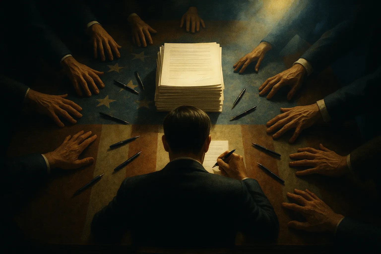 An overhead view of a closing table: one lone signer at the center with pen in hand, ringed by many anonymous reaching hands and scattered pens spread across a faint flag motif on the table.