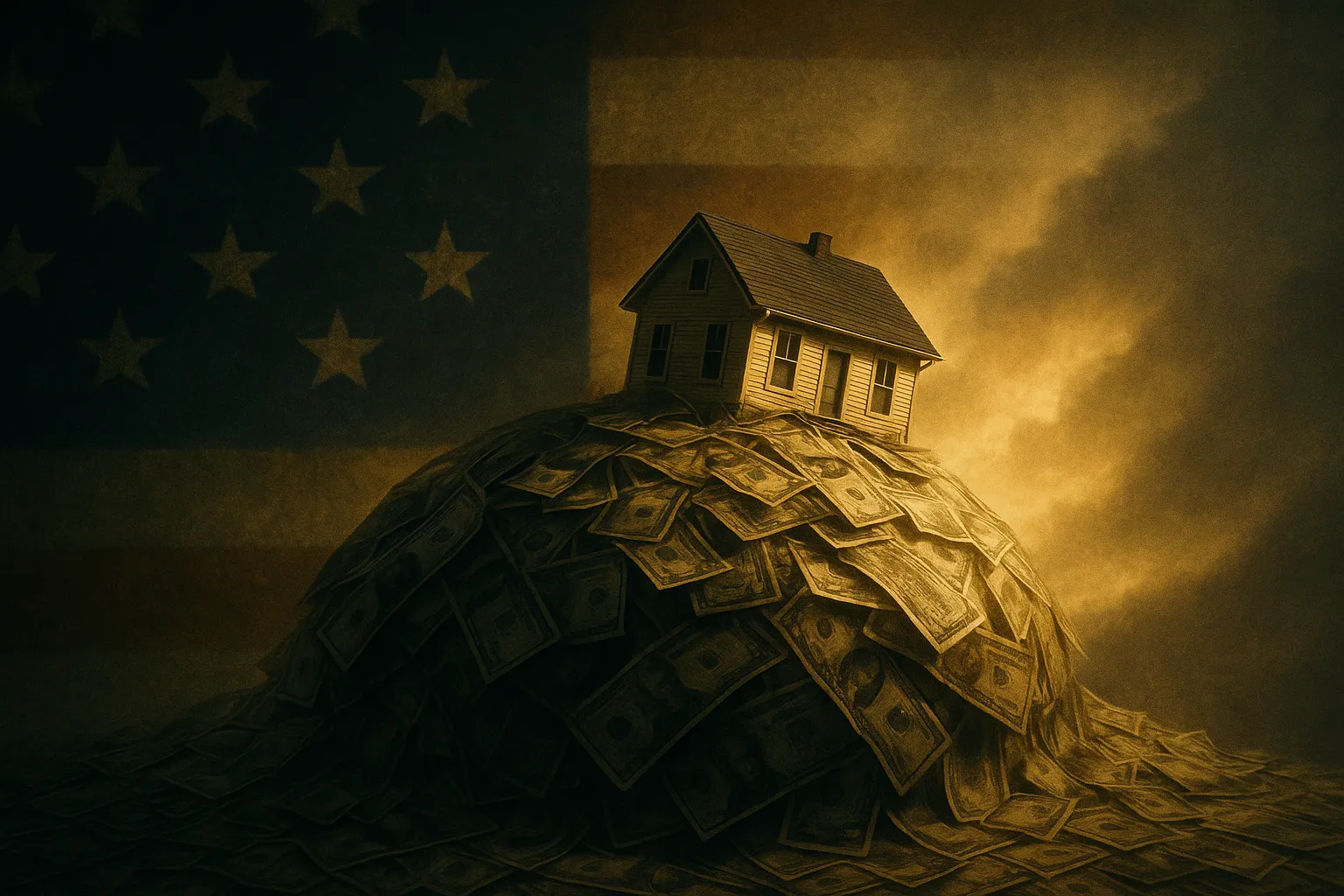 A small house perched on top of a swelling mound of cash, set against a distressed American flag and a stormy gold sky — home values floating on an ocean of printed money, about to tip.