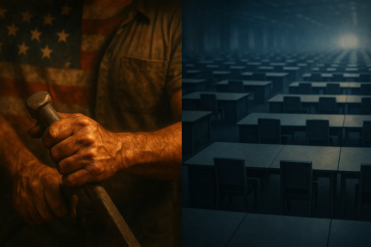A split image: on the left, a worker's calloused hand gripping a hammer in warm golden light before a flag; on the right, a cold blue sea of identical empty desks receding into darkness. Producers versus extractors.