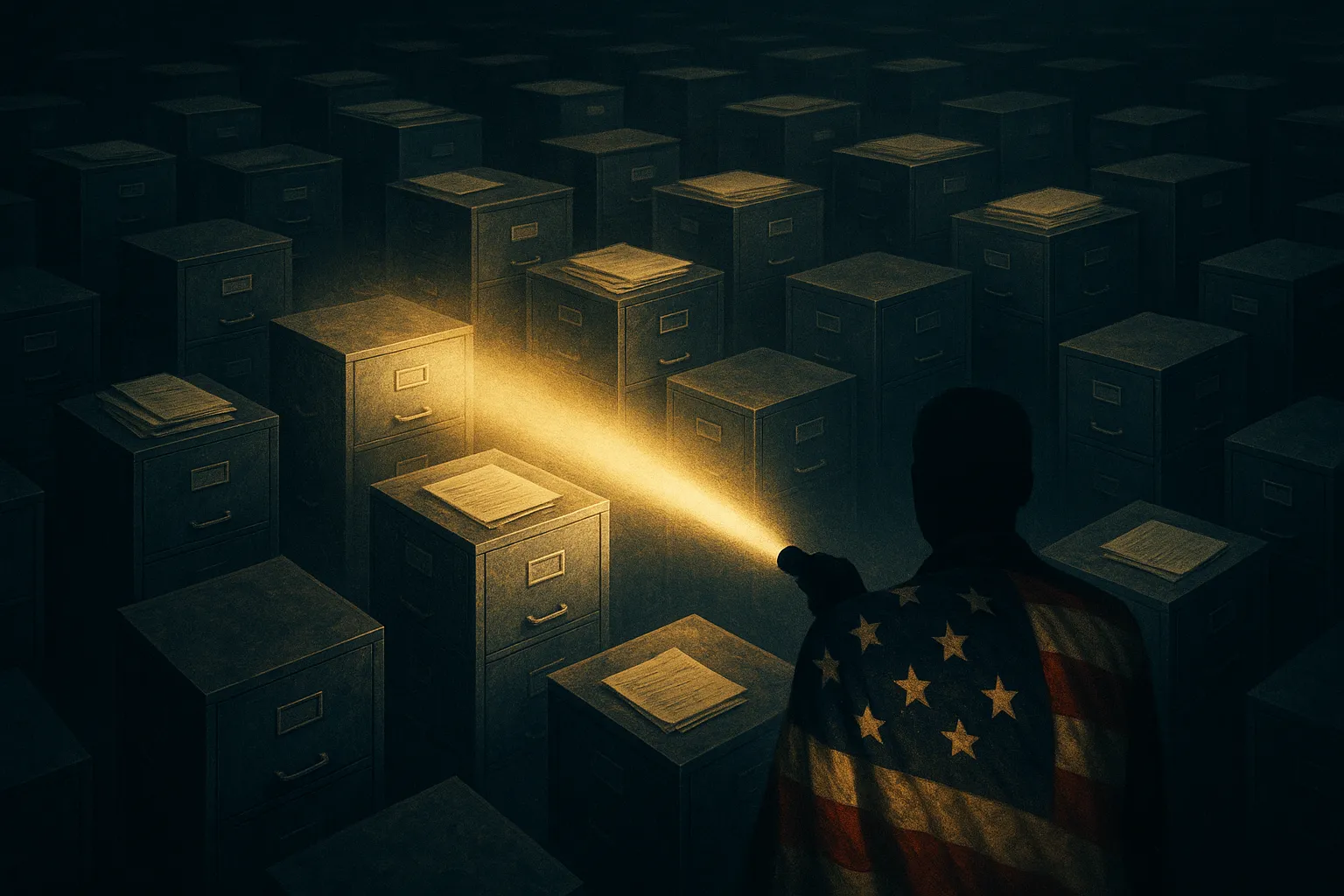 A figure draped in a worn American flag sweeping a bright beam of light across a vast dark maze of metal filing cabinets, illuminating the papers stacked on them — daylight breaking into bureaucratic darkness.