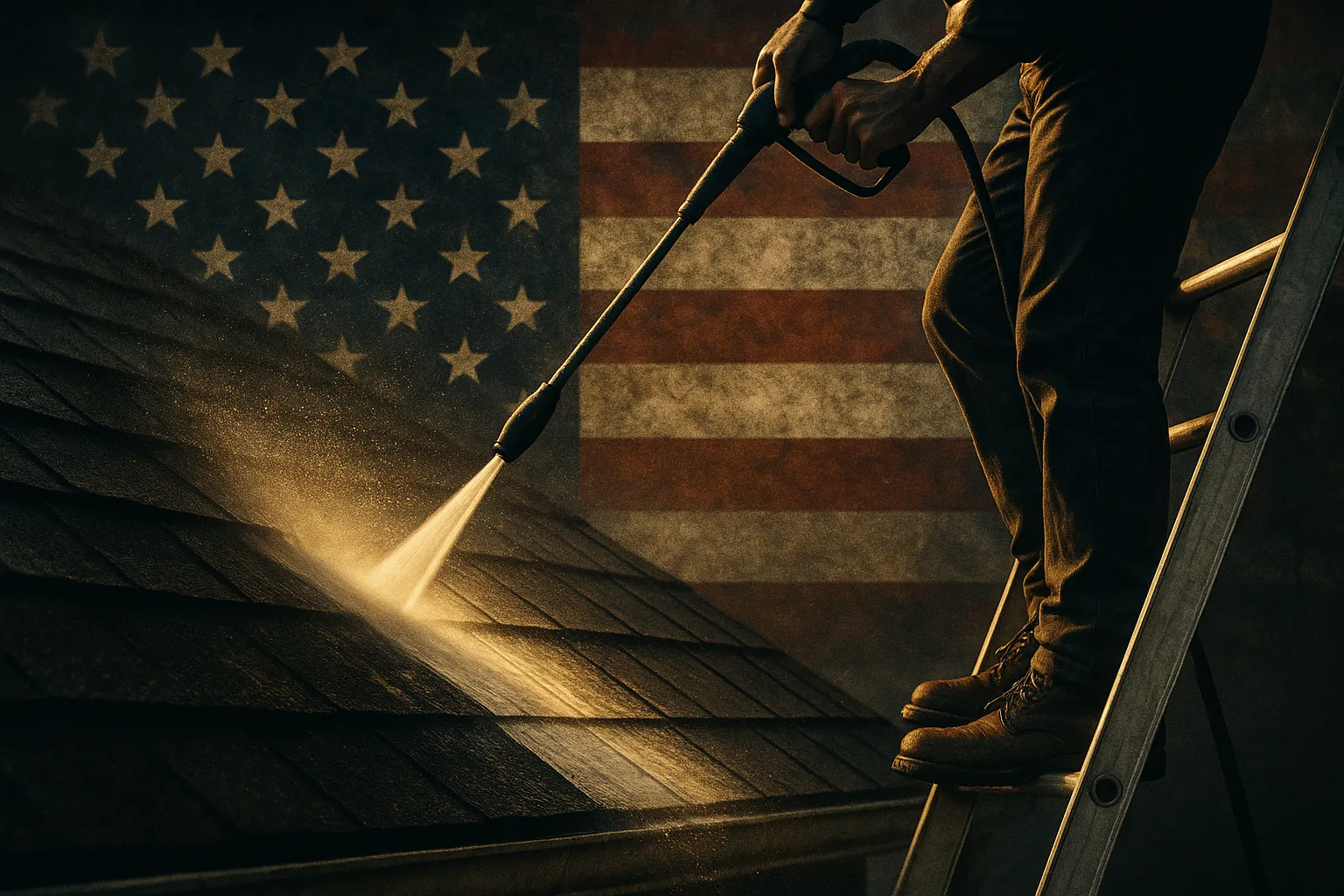 A worker on a ladder pressure-washing grime from a roof, a bright arc of spray catching golden afternoon light against a weathered American flag — clean surface emerging from filth, the dignity of honest physical labor.