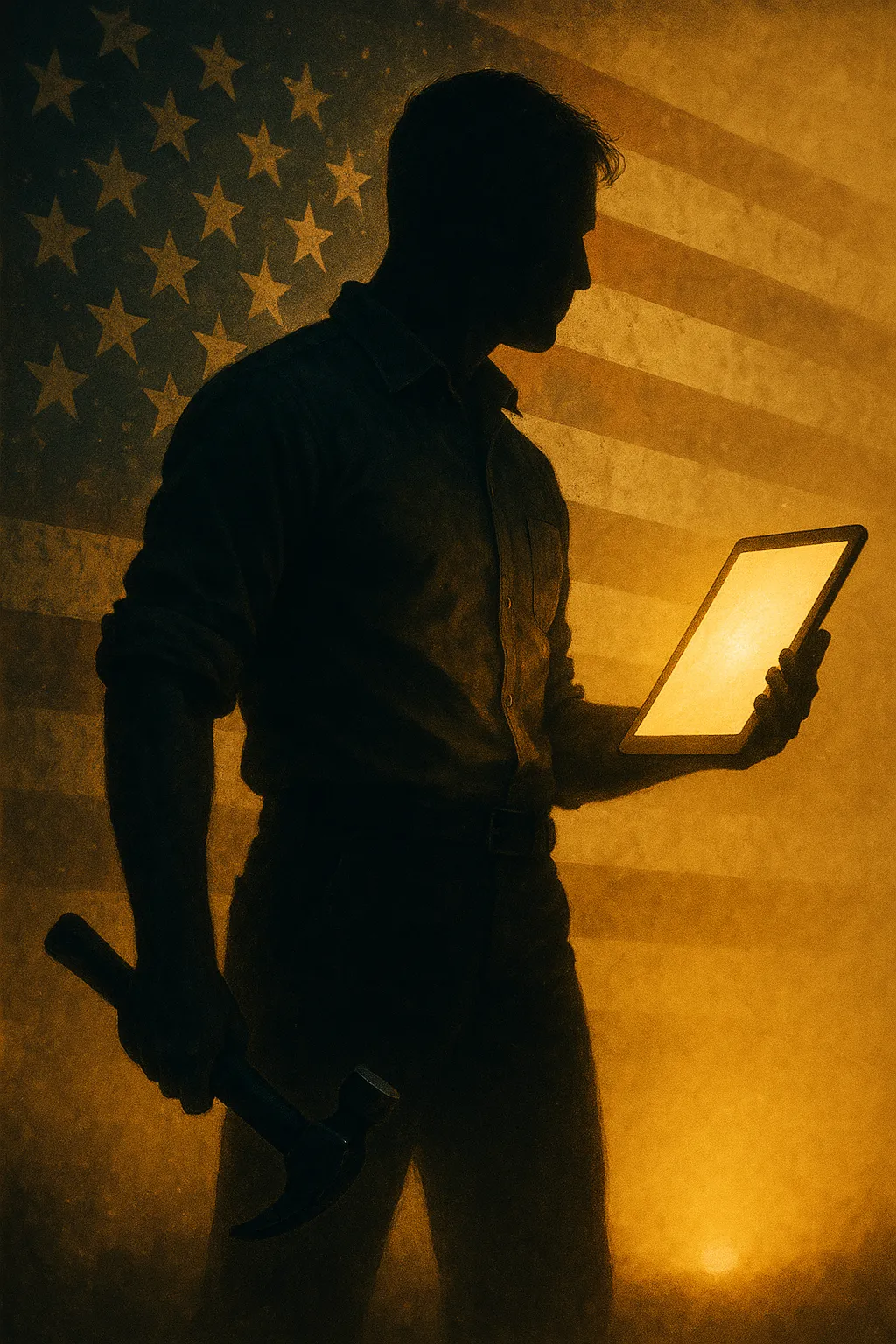 A lone figure in three-quarter silhouette before a glowing American flag, a hammer in one hand and a softly glowing tablet in the other — an ordinary citizen, modern Minuteman and Rosie-the-Riveter at once, ready to work.