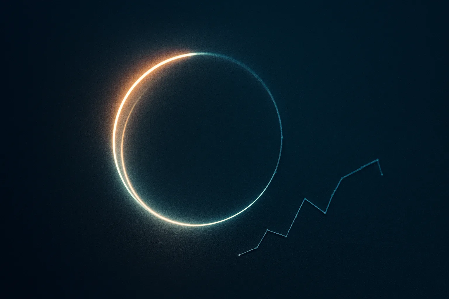 A luminous perfect circle with a single radius sweeping around it like a clock hand, leaving a glowing arc trail, while beside it a jagged chain of tiny straight line-segments strains and fails to fake the same smooth curve.