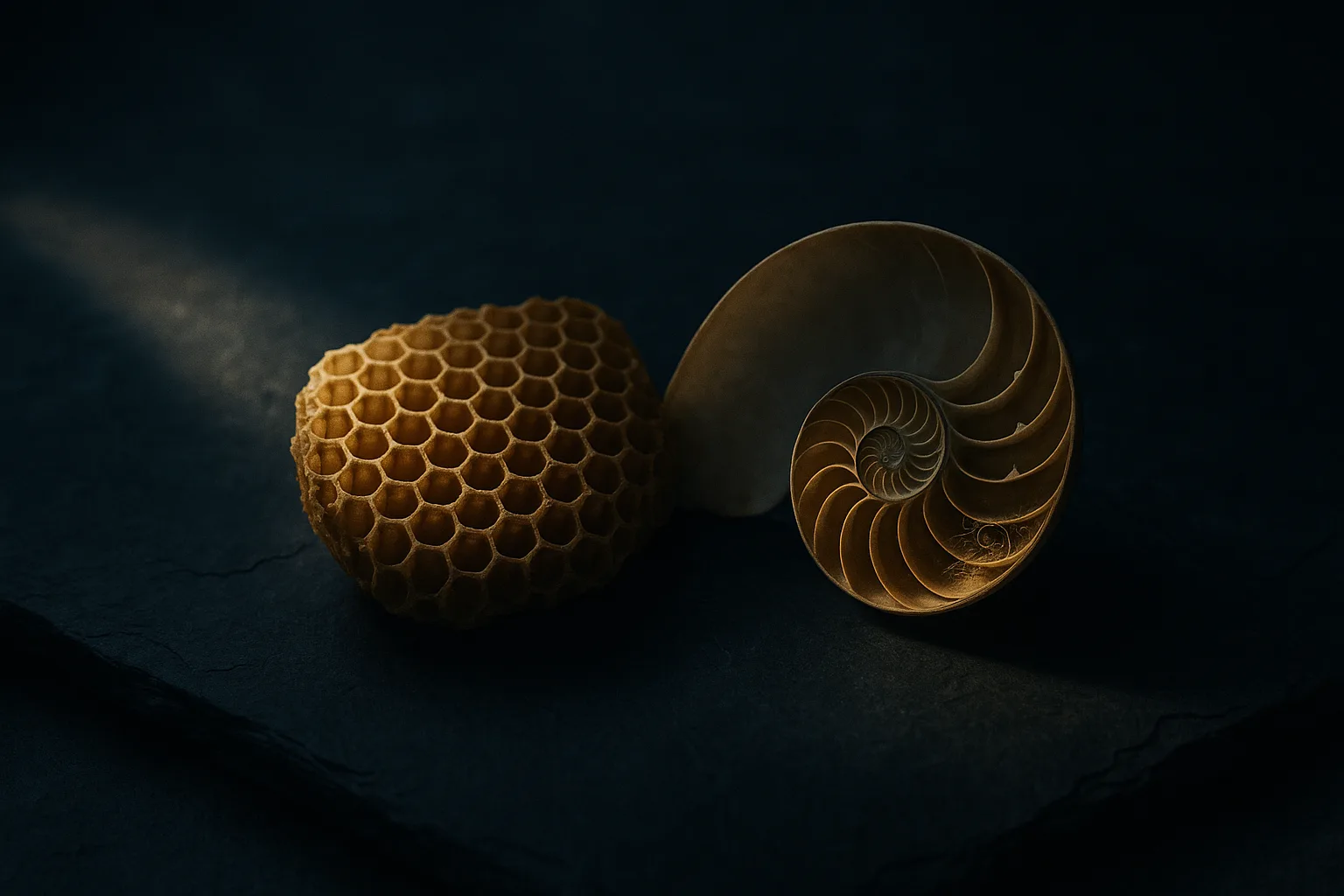 A natural honeycomb and a spiral nautilus shell on dark slate under a single shaft of light; on one side the geometry is crisp and load-bearing, on the other it dissolves into hollow golden filigree.