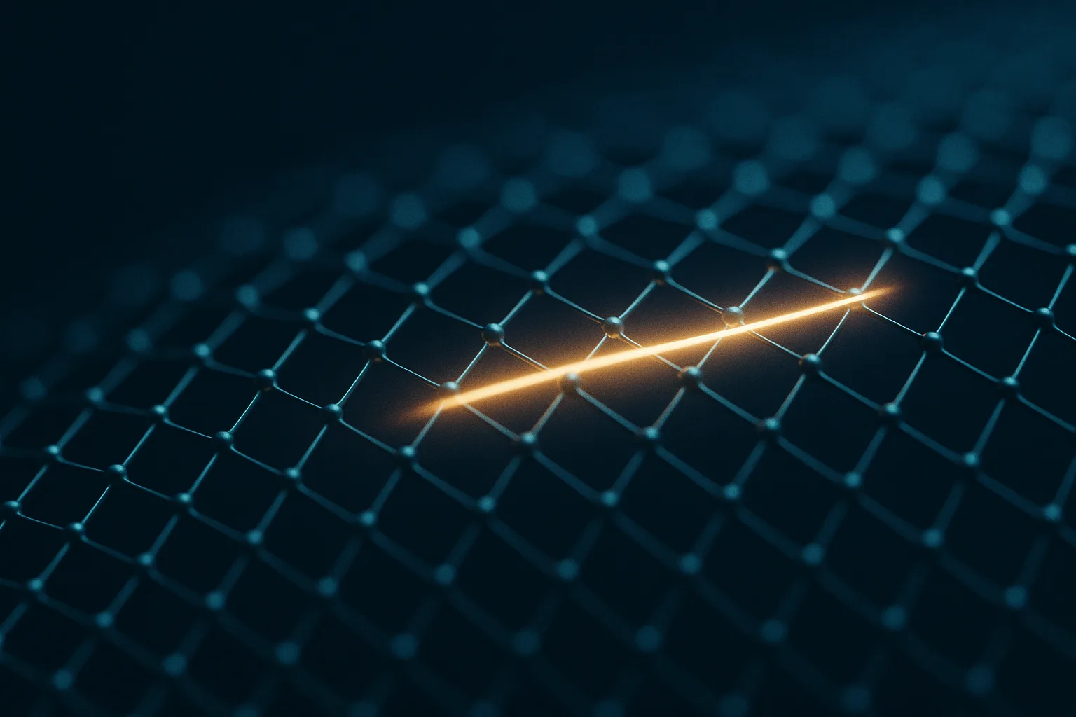 An extreme macro of a single flawless sheet of graphene — a perfect hexagonal carbon lattice — with a bright clean pulse of signal-light gliding across its surface almost without loss.