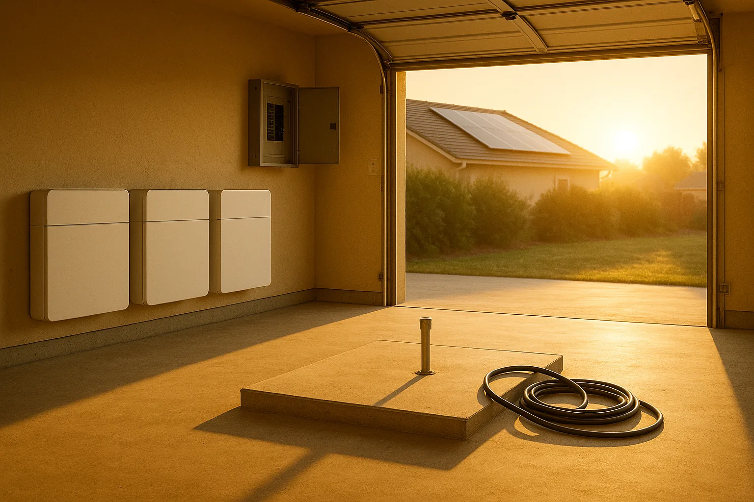 A suburban garage flooded with golden dawn light through an open roll-up door. Three flat white battery cabinets work along one wall beneath an open breaker panel with an empty slot; in the center, a bare concrete pad with a capped steel conduit and a coiled unconnected power cable waiting. Through the door, roof solar panels catch a low brilliant sun.