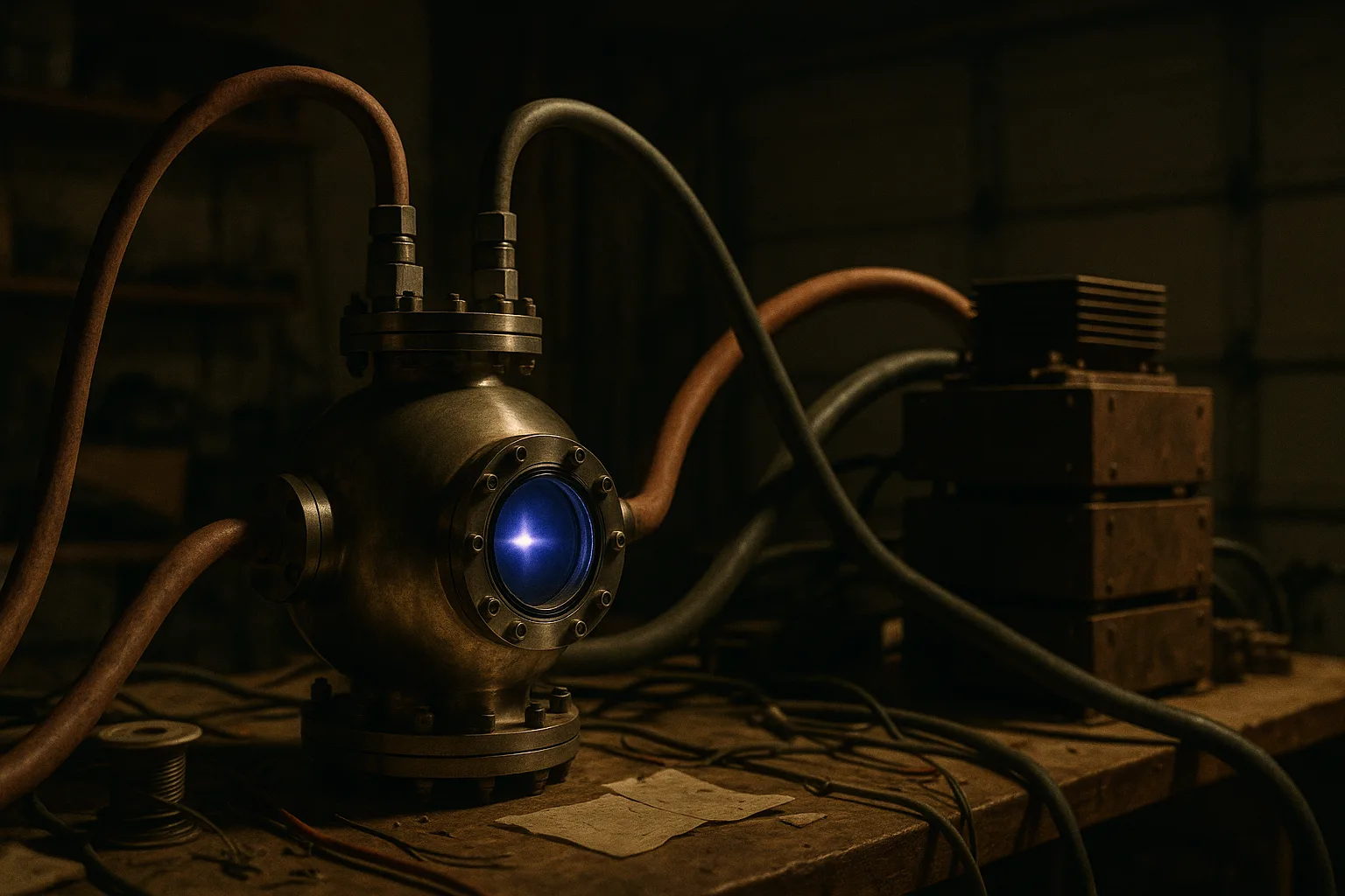 A small tabletop fusion device on a cluttered home workbench: a stainless-steel vacuum chamber whose viewport reveals a tiny star of violet-blue plasma no bigger than a marble, fed by absurdly oversized power cables and a wall of heavy transformers.