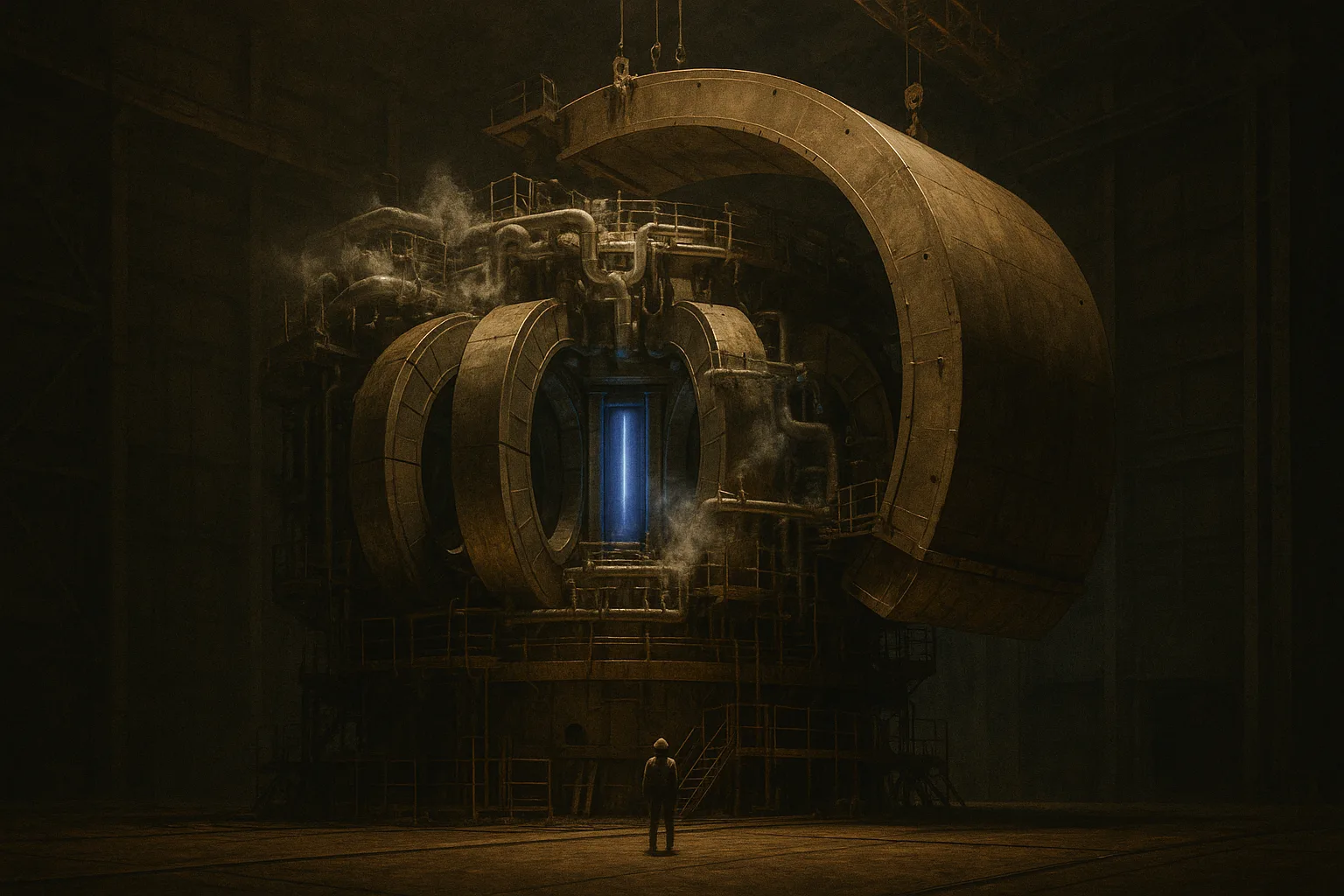 The interior of a cavernous industrial hall holding a colossal doughnut-shaped fusion machine under assembly — enormous D-shaped superconducting magnets, cryogenic piping wreathed in cold vapor, a meter-thick shielding shell — with a single hard-hatted figure dwarfed at its base.