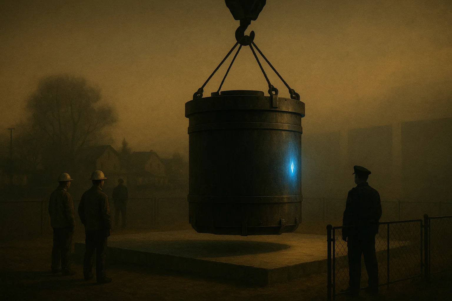 A sealed, welded, windowless steel nuclear battery cask lowered by crane onto a guarded concrete pad at the edge of a small American town at dusk, vendor technicians and a security escort standing back — a unit delivered whole and never opened on site.
