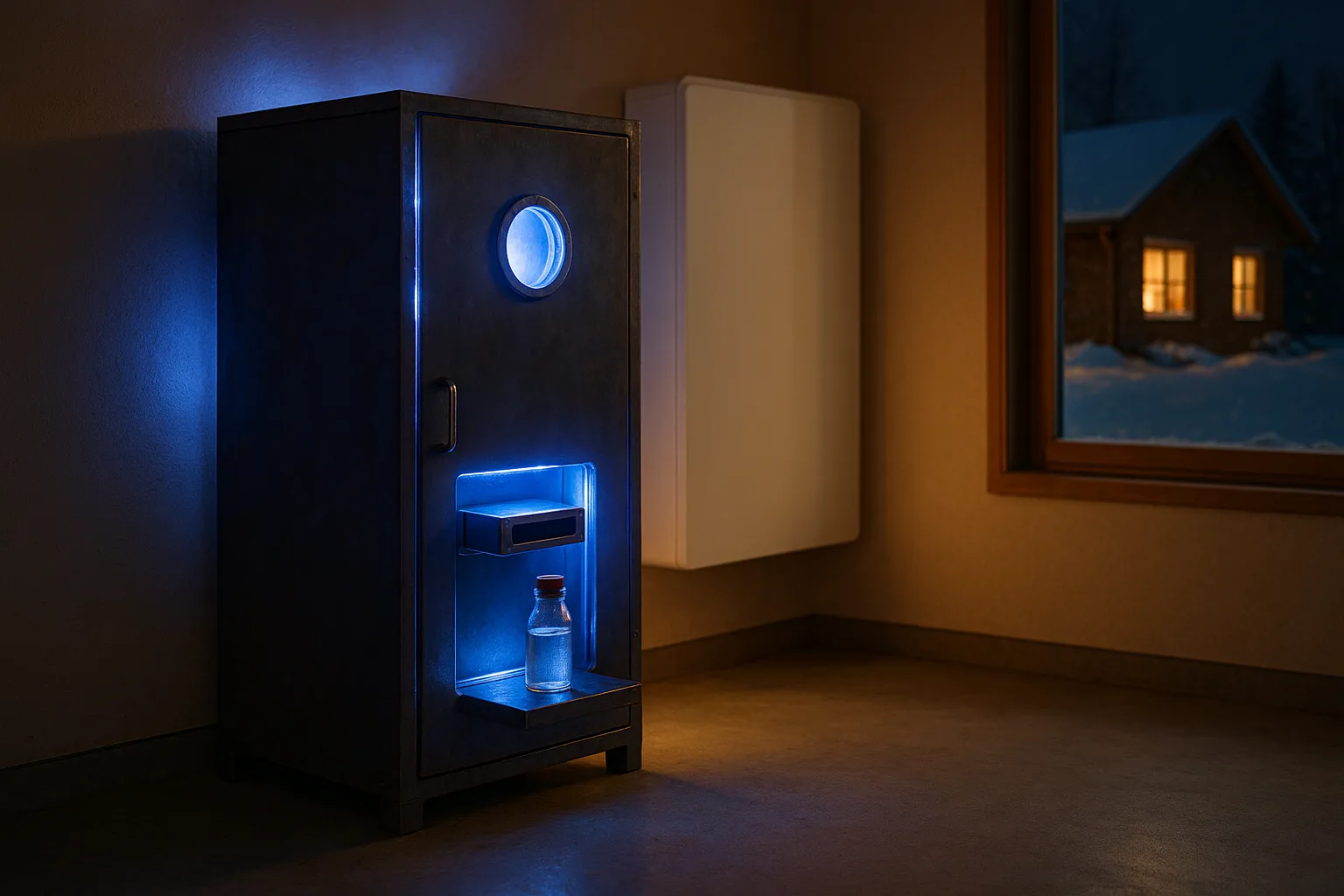 Speculative: a compact welded steel cabinet the size of a water heater standing in a home garage beside a flat white battery cabinet, blue-violet light pouring from a round viewport on its face and from an open cartridge bay where a single corked glass vial of seawater rests, with deep snow and a warmly lit house visible through the window.