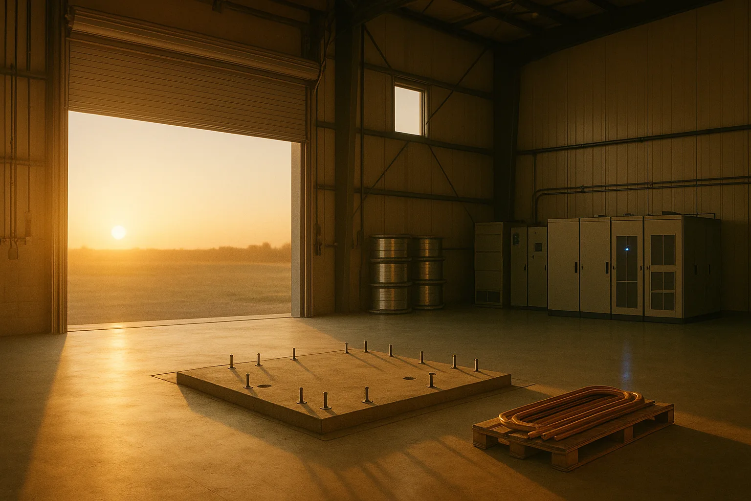 A tall, brightly daylit industrial high-bay laboratory at dawn with its roll-up door standing open to a low sun. In the center of the concrete floor sits an empty machine pad ringed with anchor bolts and capped conduit, heavy unconnected copper bus bars waiting on a pallet beside it. Spools of silvery superconducting tape and quiet power-electronics cabinets line the far wall. Nobody is in the room.