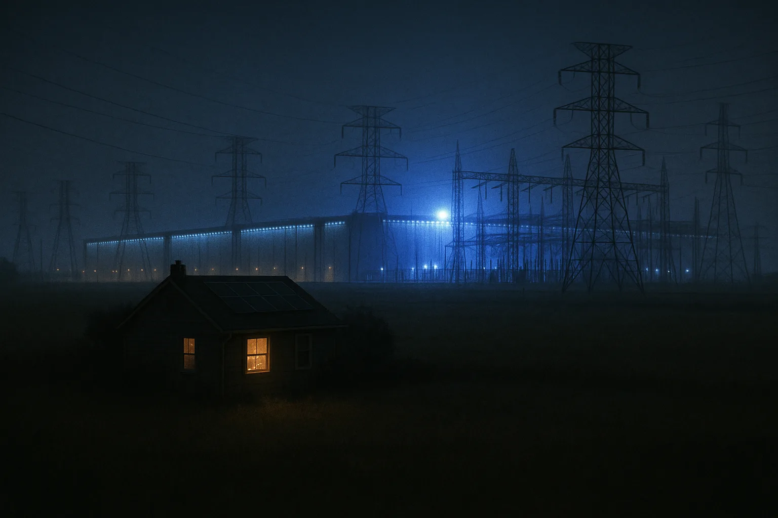 A vast hyperscale data-center campus at dusk across a field — long windowless halls, a huge transmission switchyard, high-voltage lines marching to the horizon, everything lit cold blue-violet. In the near foreground, small and warm against that scale, a single ordinary house with one lit kitchen window.