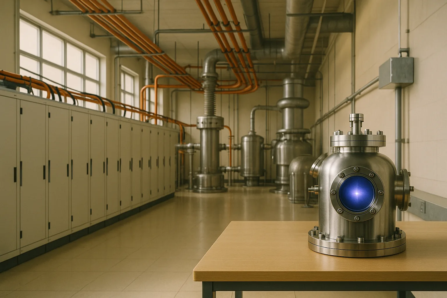 A long, bright modern physics laboratory. An entire wall of pulsed-power capacitor cabinets runs away down the left side, fed by heavy orange cabling in overhead trays and a row of tall transformer and vacuum housings. At the right, alone on an ordinary lab bench, sits one small polished stainless-steel vacuum chamber whose round viewport shows a bead of brilliant blue-violet plasma no bigger than a marble.