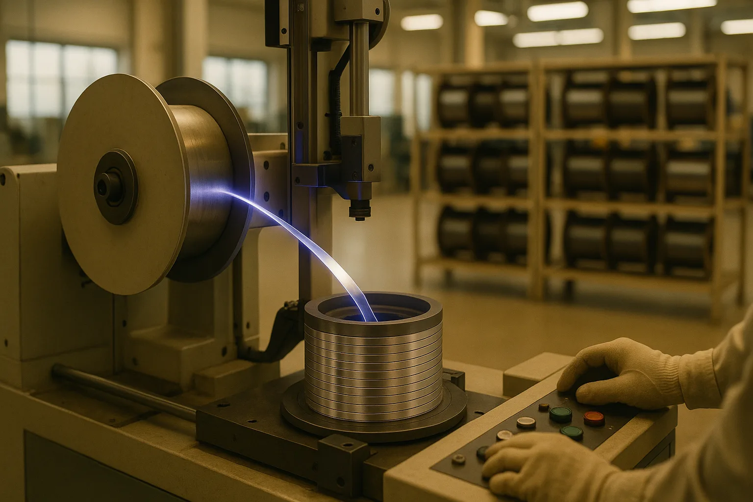 A bright factory floor where a precision automated winding machine draws a ribbon of silvery high-temperature superconducting tape off a large spool and lays it in perfect turns onto a coil form, racks of finished spools receding behind it, a gloved technician's hands at the controls.