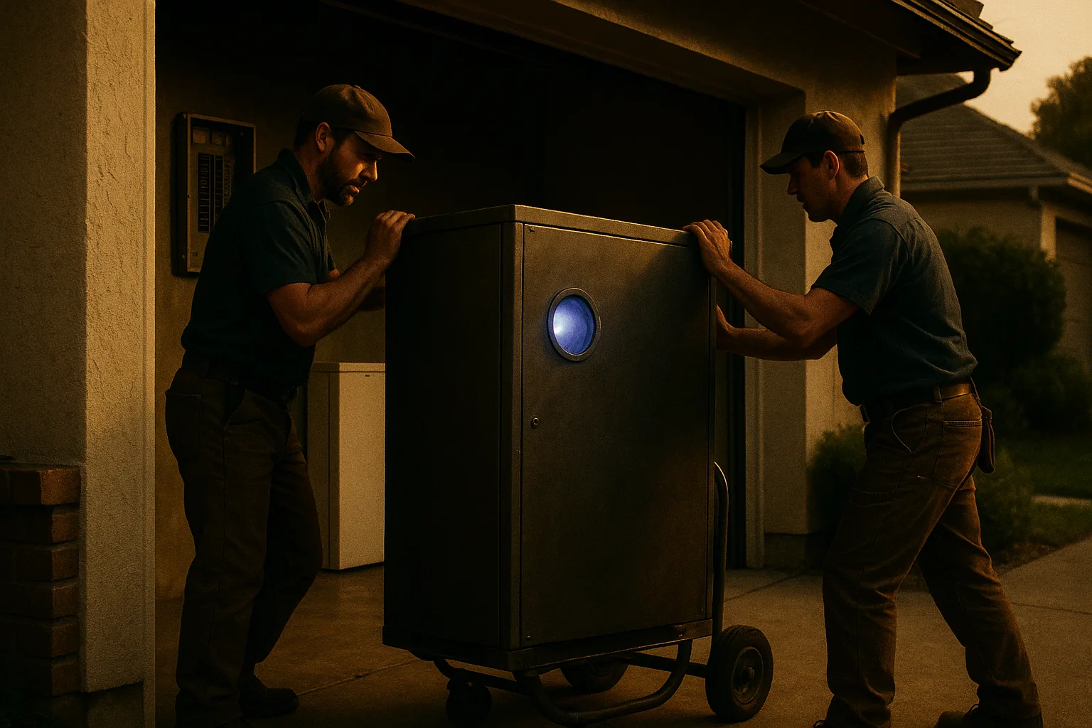 Speculative: two licensed electricians at golden hour easing a sealed, welded, appliance-sized steel cabinet off a hand truck toward an open suburban garage, a faint cold blue-violet glow escaping a small round viewport on its face. Inside, an open breaker panel with one empty slot waits beside a flat white battery cabinet.