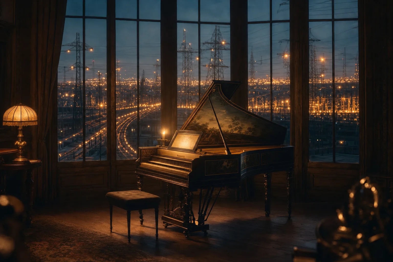 An antique harpsichord with its lid raised in a dark, lamp-lit room at blue hour, a candle on its music desk, while through tall windows behind it a vast power grid of transmission towers and amber-lit lines stretches to the horizon.