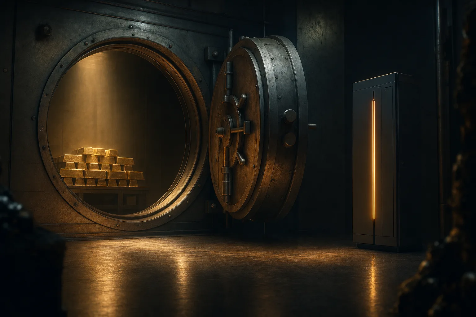 An old bank vault with its round steel door swung open on a stack of glowing gold bars, and beside it in the same dark room a tall modern battery cabinet with a thin vertical line of amber light.