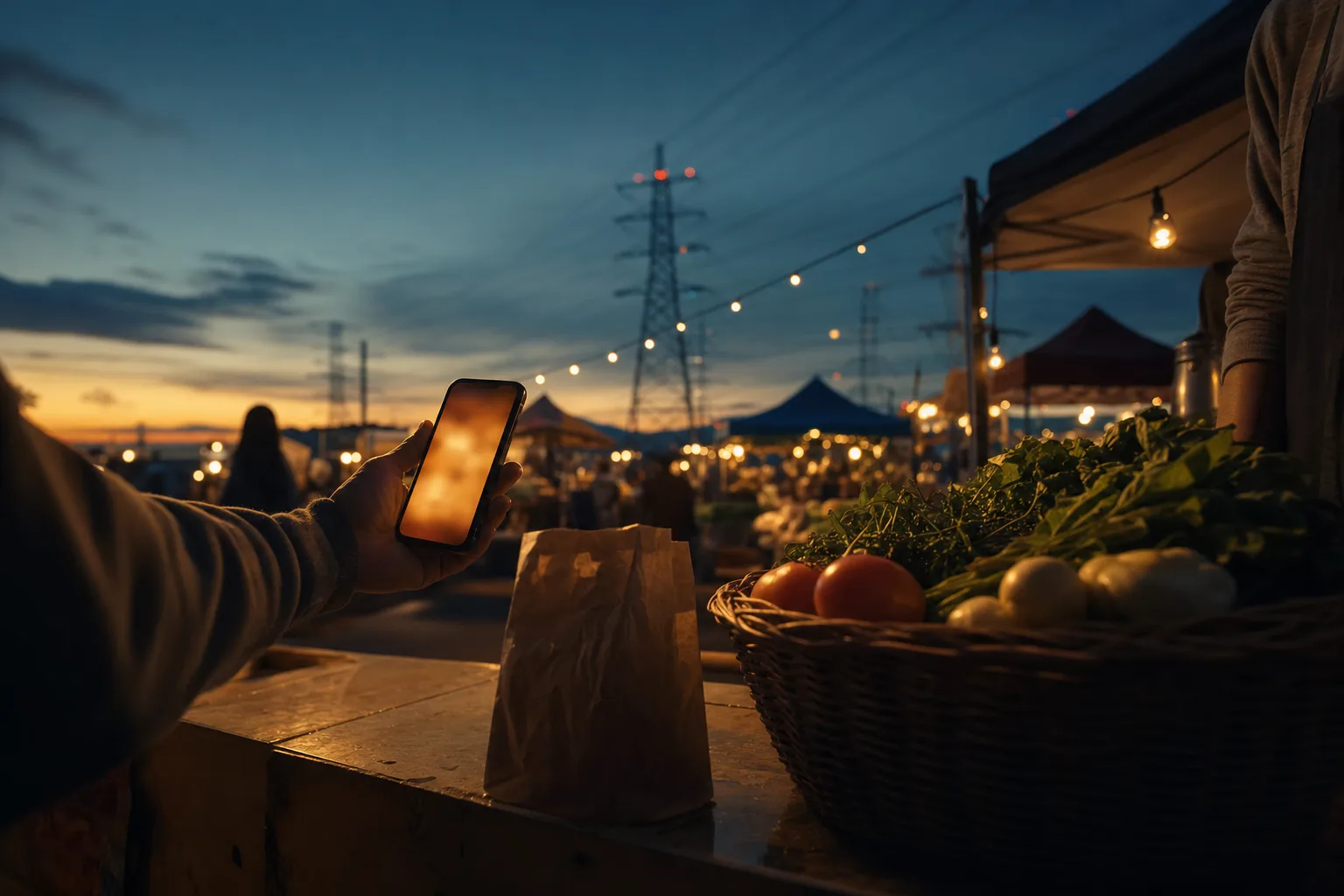 A hand holding a softly glowing phone over a market-stall counter at blue hour, beside a paper bag and a basket of tomatoes and greens, with string lights, canopies and transmission towers against the evening sky.