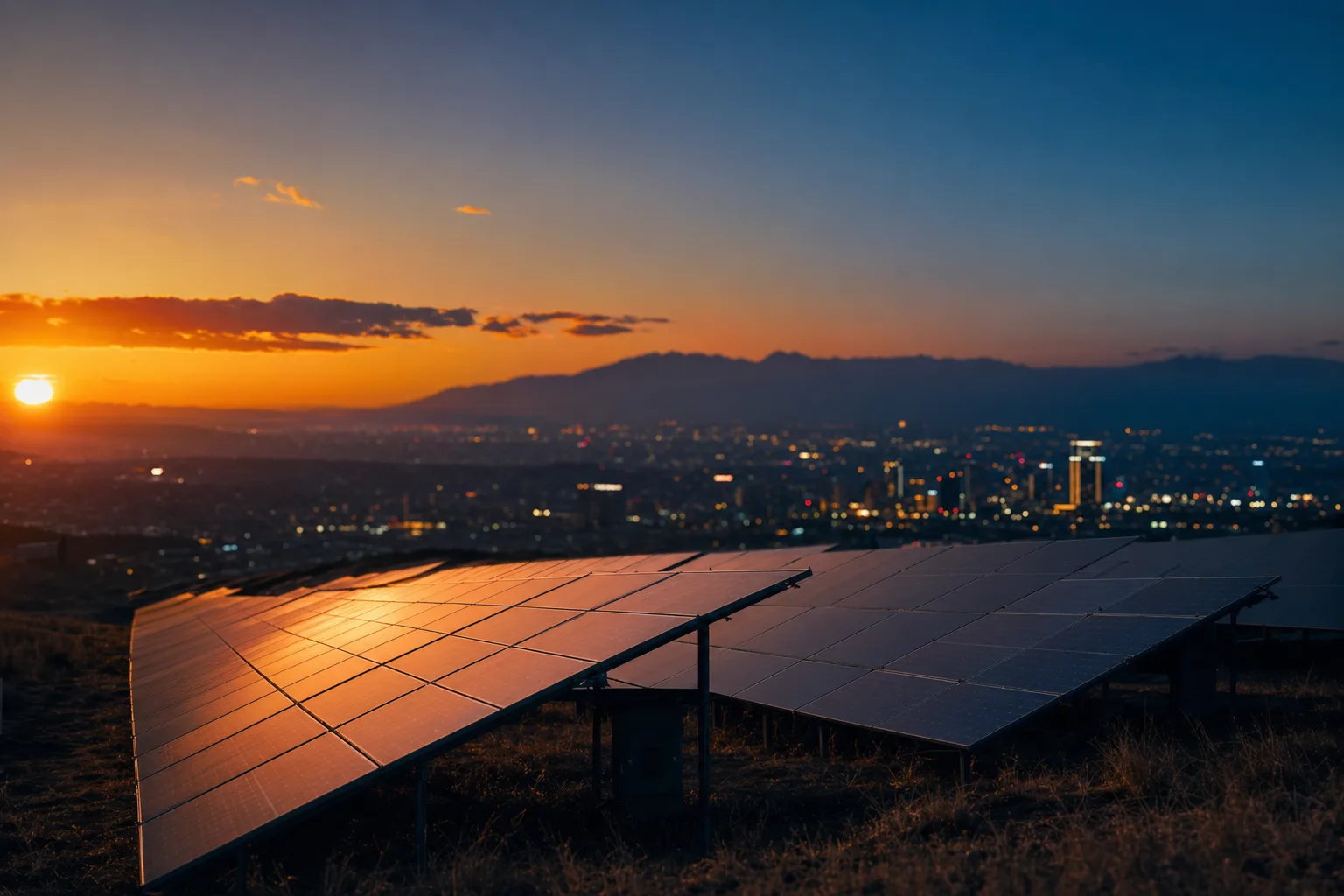 A vast solar field catching the last copper light of sunset while a distant city switches on its evening lights under a deep blue sky.