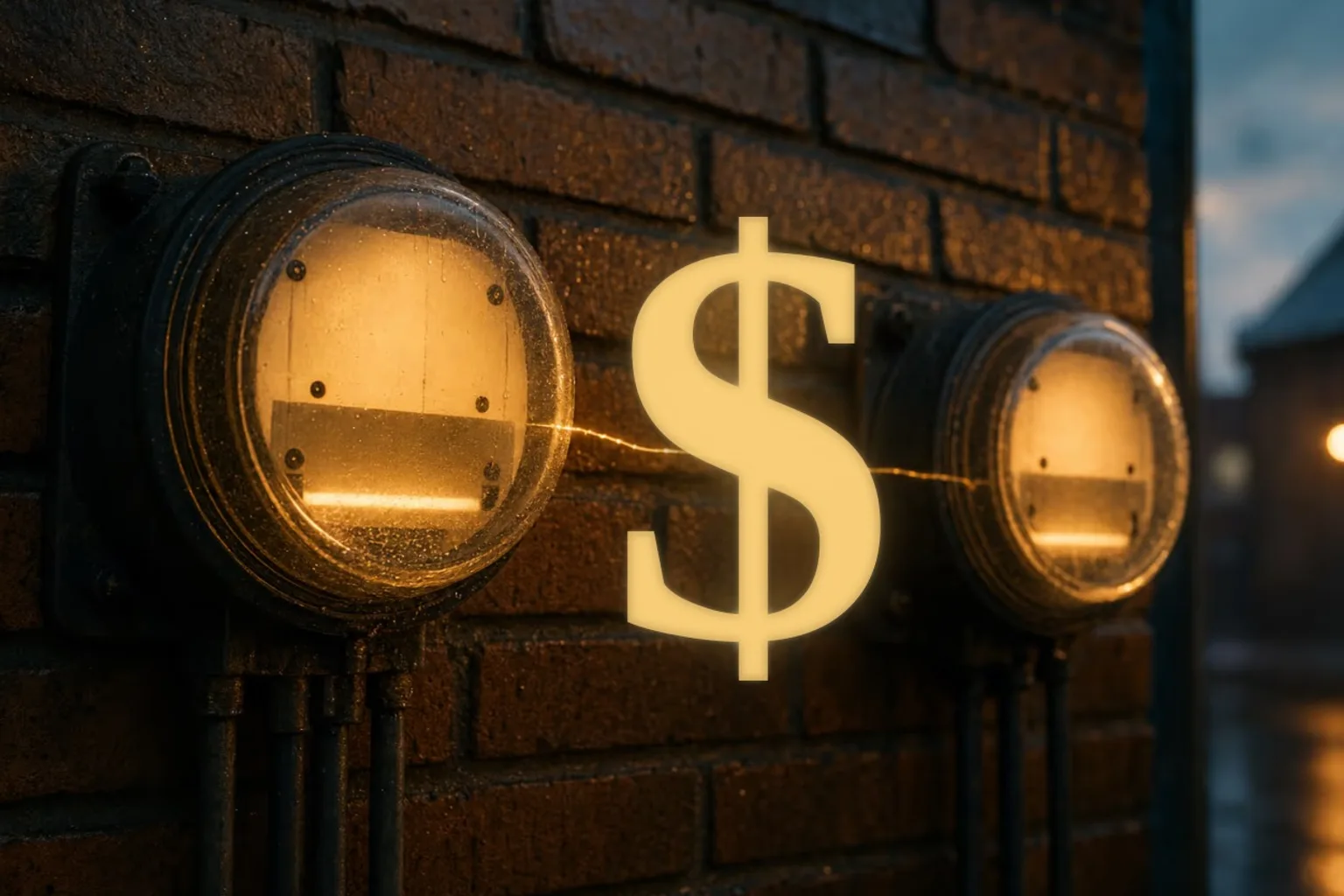 Two old analog electric meters on a rain-damp brick wall at dusk, their glass domes softly lit from inside, a fine thread of warm light running between them through a glowing gold dollar sign.