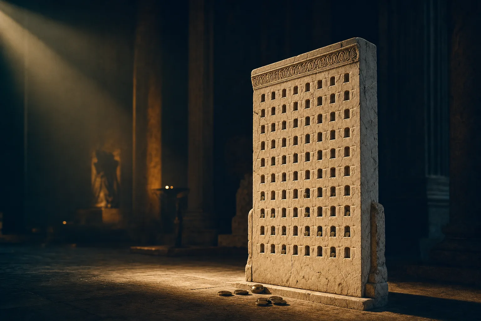 An ancient Greek kleroterion, a tall marble allotment slab carved with rows of small slots, standing in a dark museum hall under a single shaft of warm light, bronze tokens resting in a few slots and scattered at its base.
