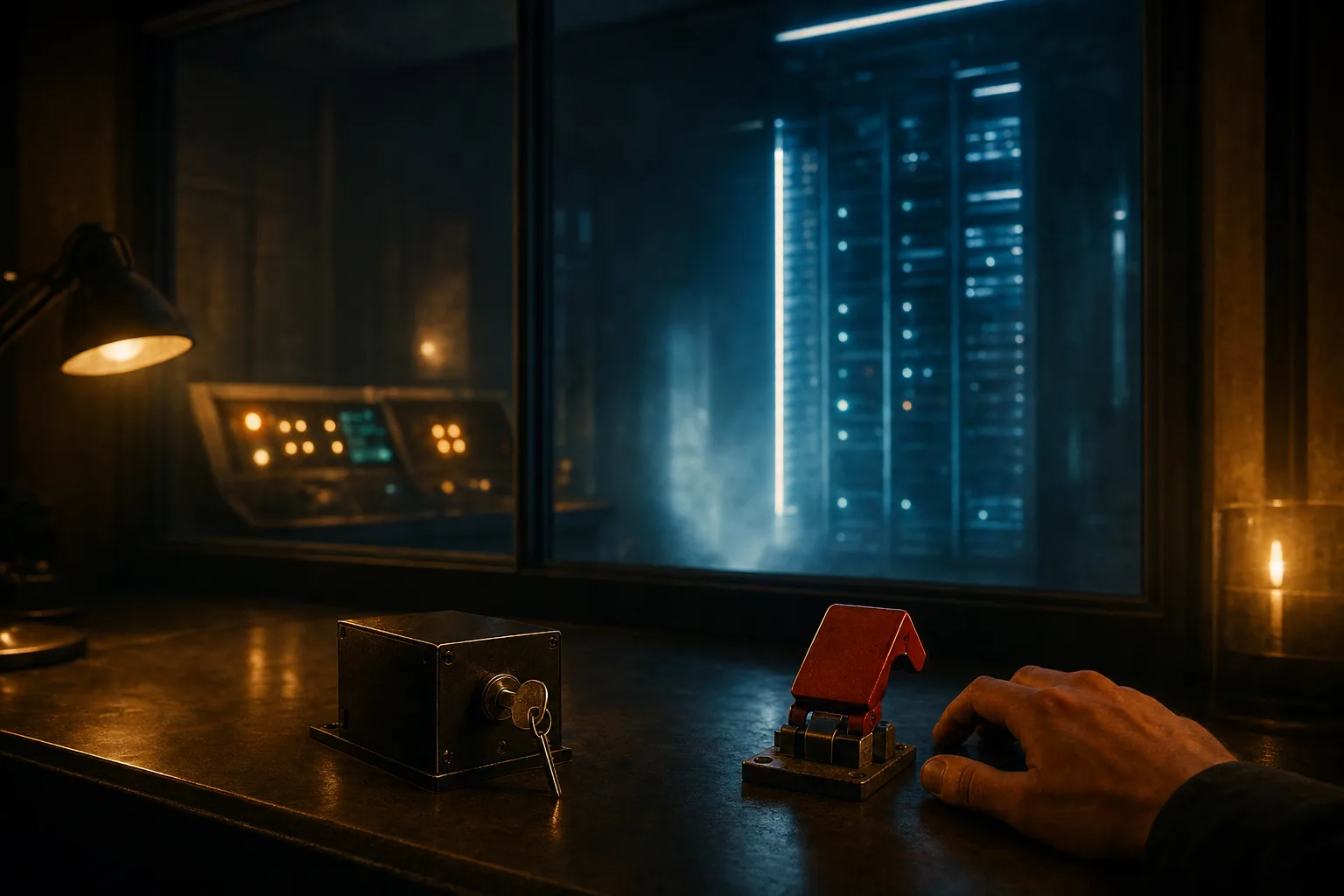 A utility control room at night: a server rack glowing blue behind a thick glass partition, and in the foreground a hardware security module with a physical key beside a hand resting near a large red cut-off switch.