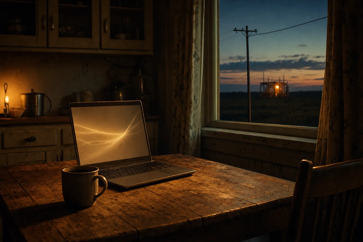 An older laptop glowing softly on a worn farmhouse kitchen table at dusk beside a mug of coffee, while through the window a single wooden utility pole and its line cross darkening fields toward a small substation with one warm light.
